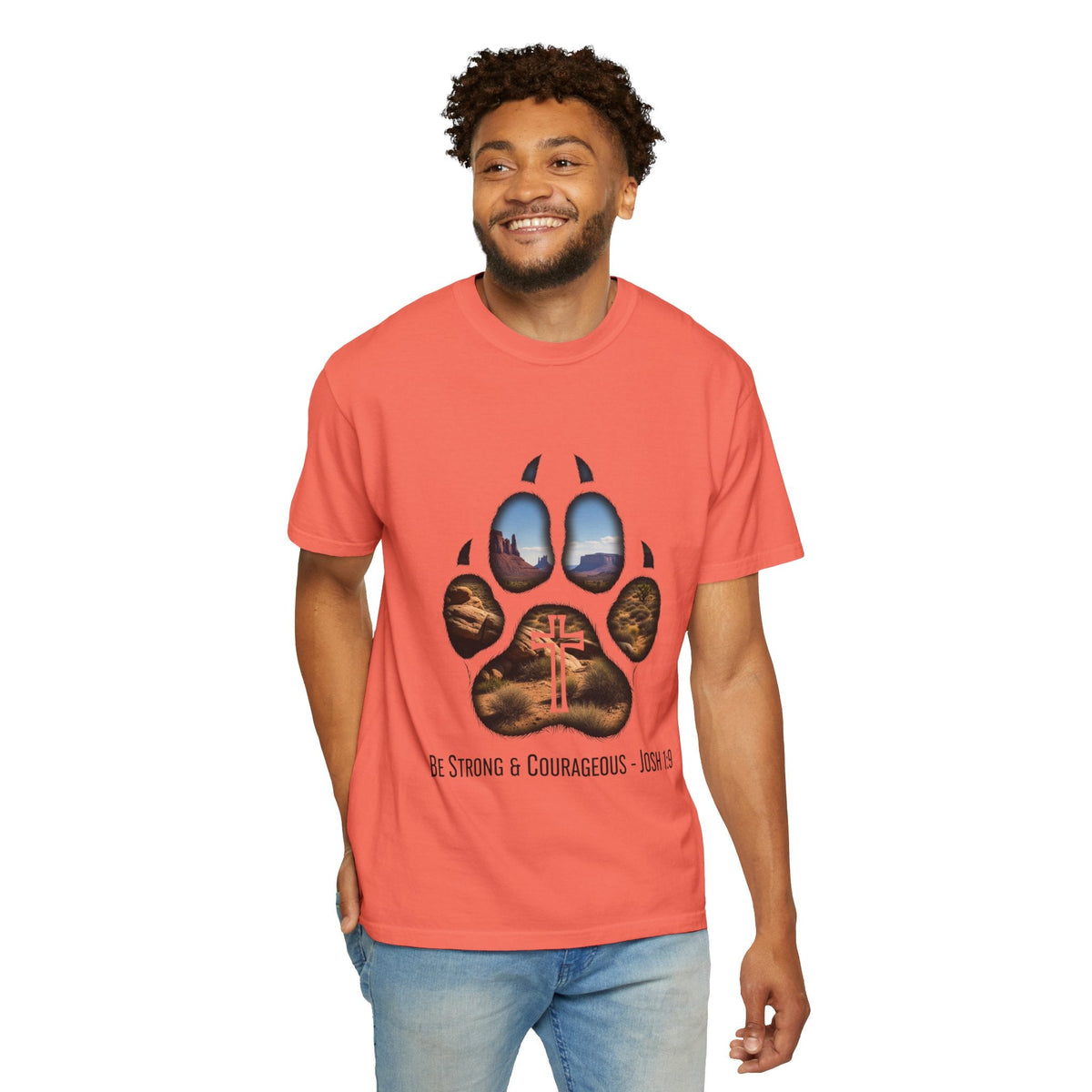 Strong and Courageous T-Shirt – Canine Pawprint Desert Joshua 1:9 Christian Tee Printify
