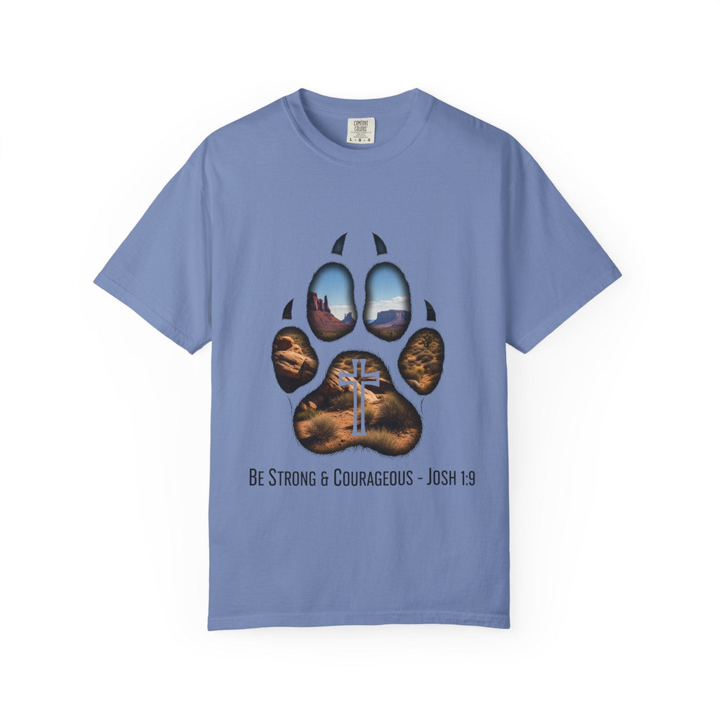 Strong and Courageous T-Shirt – Canine Pawprint Desert Joshua 1:9 Christian Tee Printify