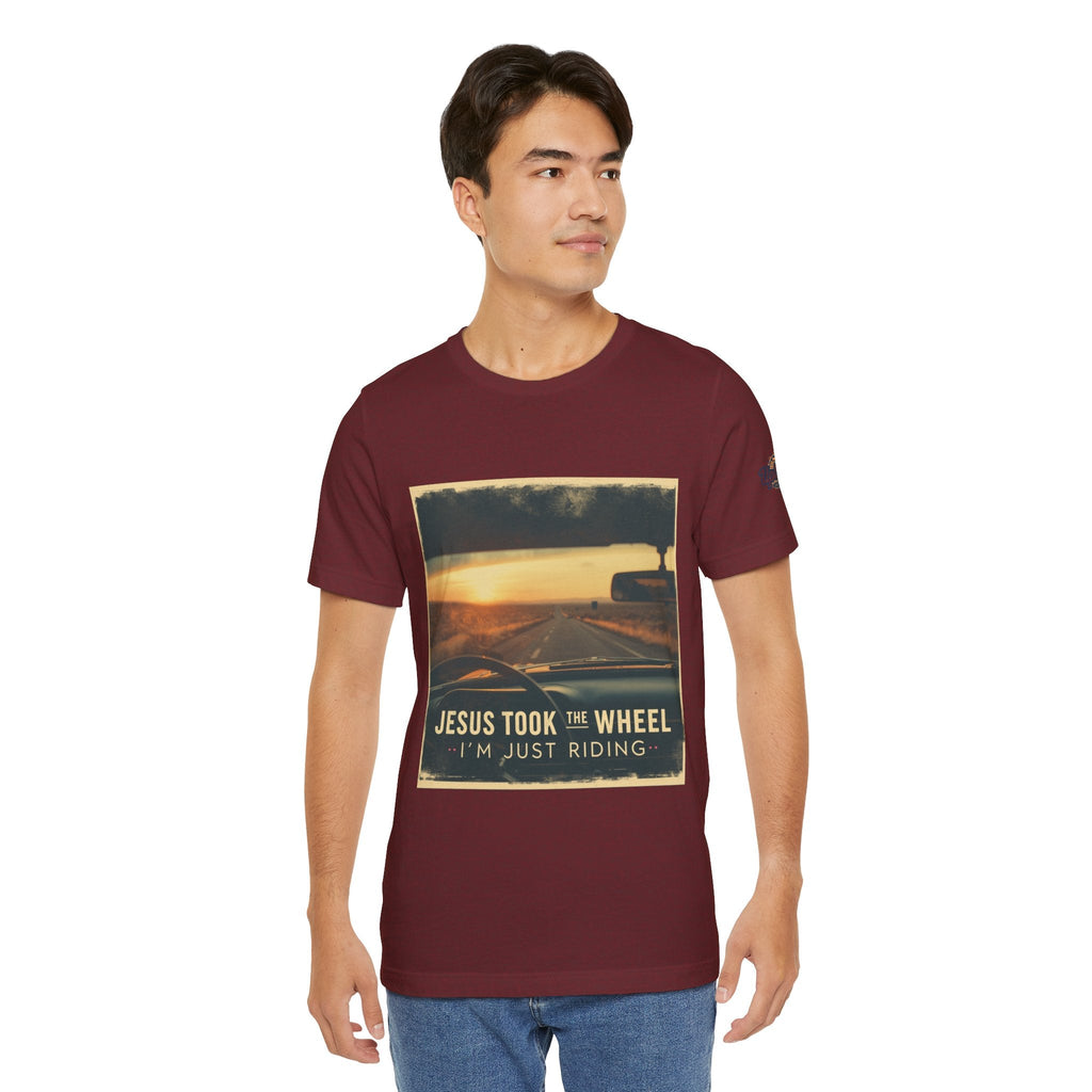 Jesus Took the Wheel I'm Just Riding T-shirt – Funny Christian Convertible Car T-shirt for Surrendered Faith & Humor Printify