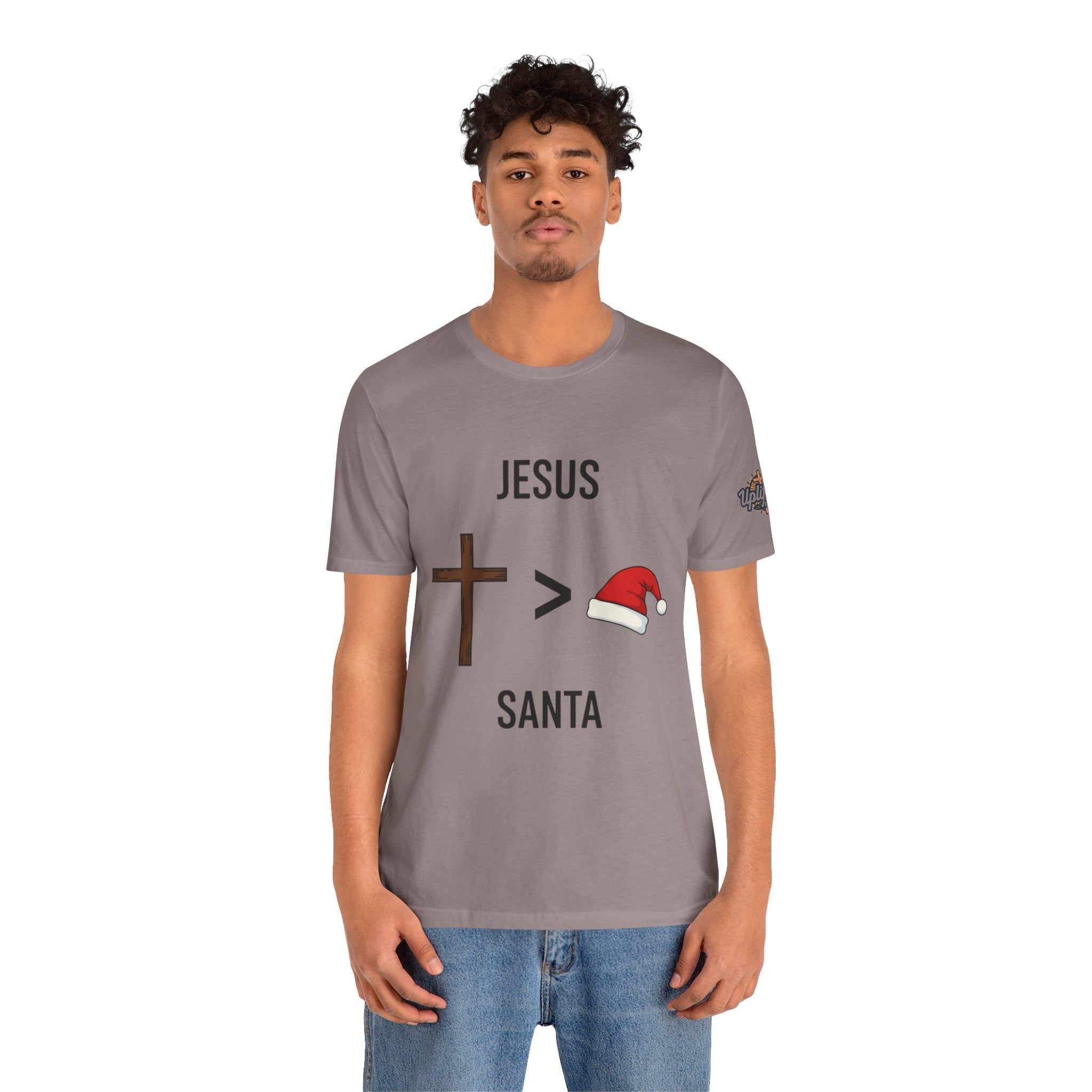 🎄 Jesus > Santa – Minimalist Christian Christmas T-Shirt | Bold Faith Over Holiday Tee | Cross vs Santa Hat Design | Uplifted Gear Printify