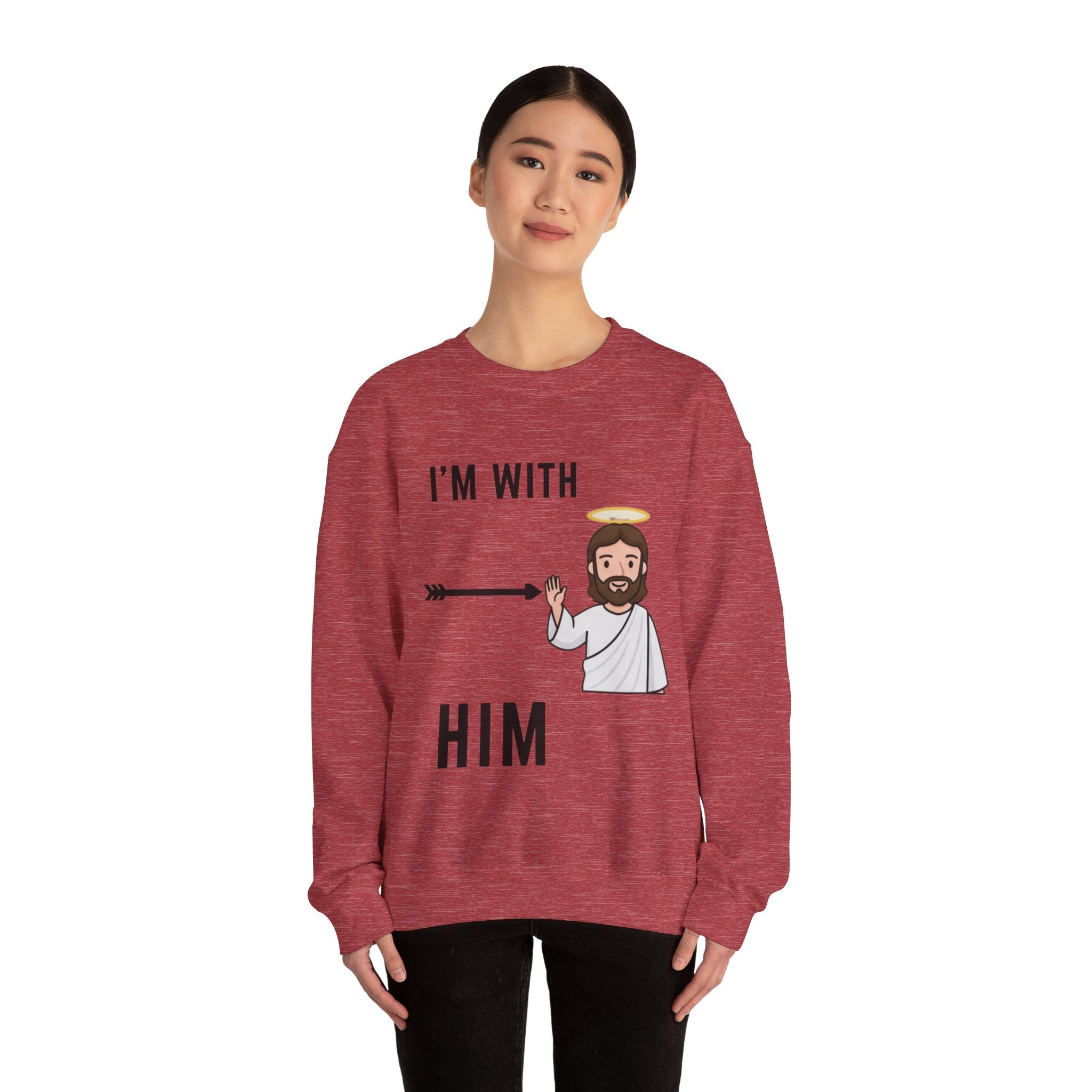 🔥 I’m With Him → Christian Sweatshirt | Arrow Pointing to Jesus | Minimalist Faith Tee | Subtle Cross Design | Bible-Inspired Apparel by Uplifted Gear Printify