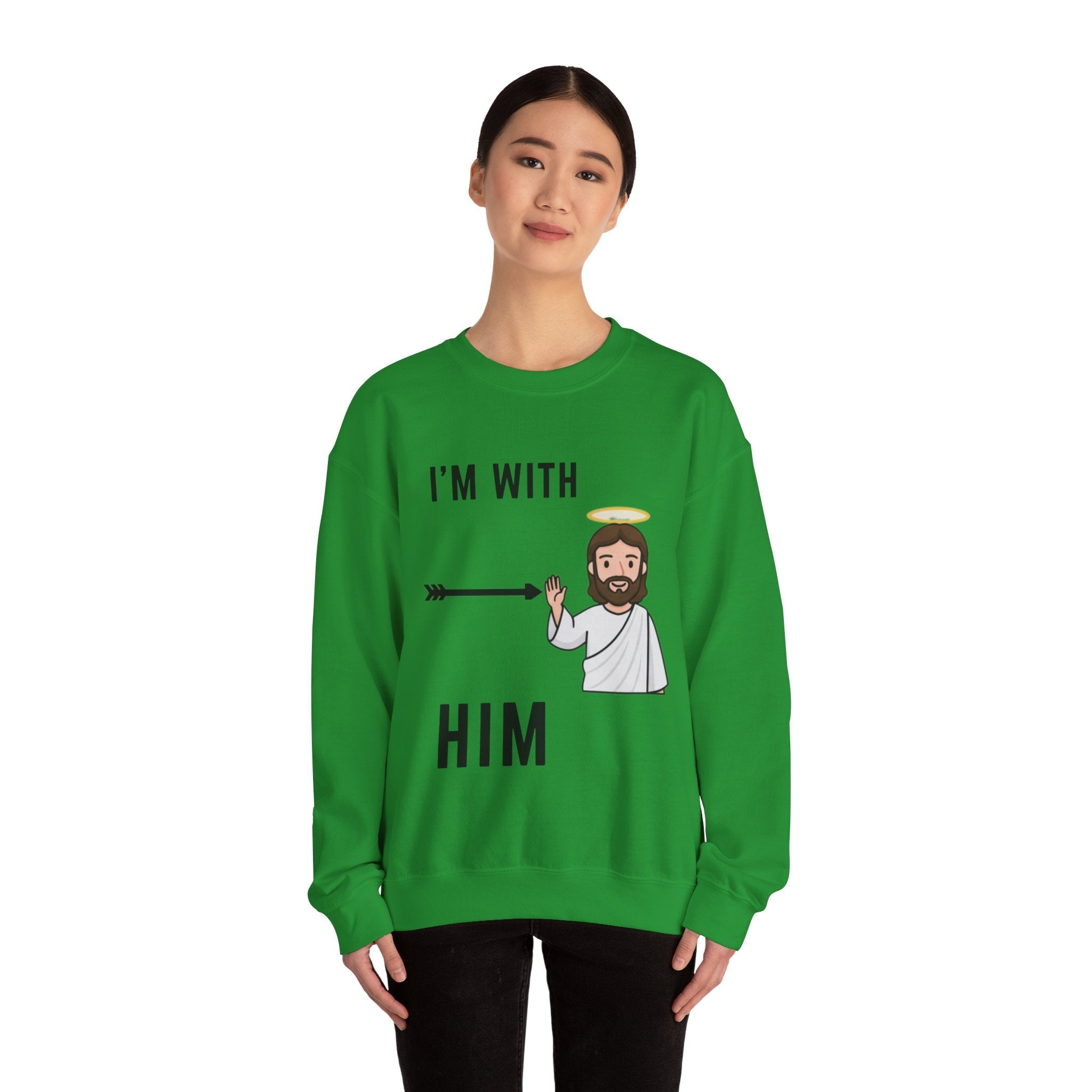 🔥 I’m With Him → Christian Sweatshirt | Arrow Pointing to Jesus | Minimalist Faith Tee | Subtle Cross Design | Bible-Inspired Apparel by Uplifted Gear Printify