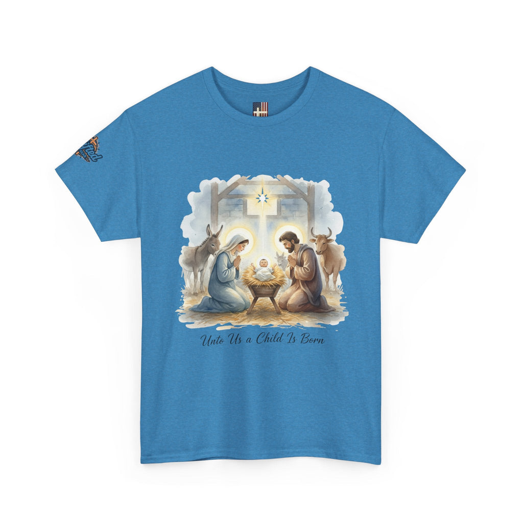 Unto Us a Child is Born T-shirt – Isaiah 9:6 Nativity Manger Scene Christian Christmas T-shirt for Holy Night Faith Printify