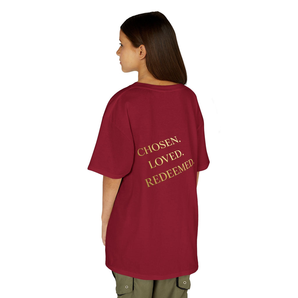 ✨ Chosen. Loved. Redeemed. – Elegant Christian Kids T-Shirt | Gold Foil Faith Tee | Subtle Cross & Heart Design | Inspirational Bible Verse Apparel by Uplifted Gear Printify