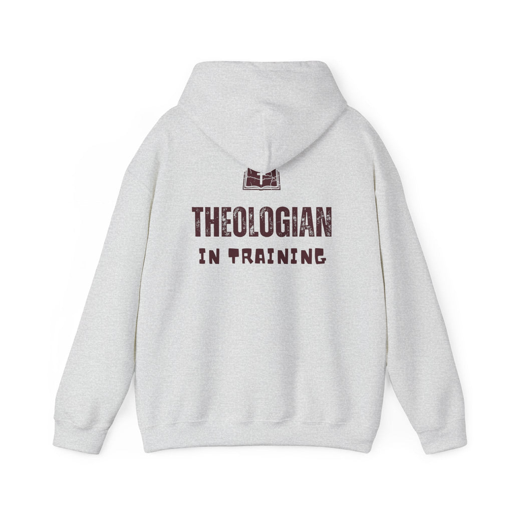 Theologian in Training Hoodie – Open Bible & Cross Christian Hoodie for Faithful Growth Printify