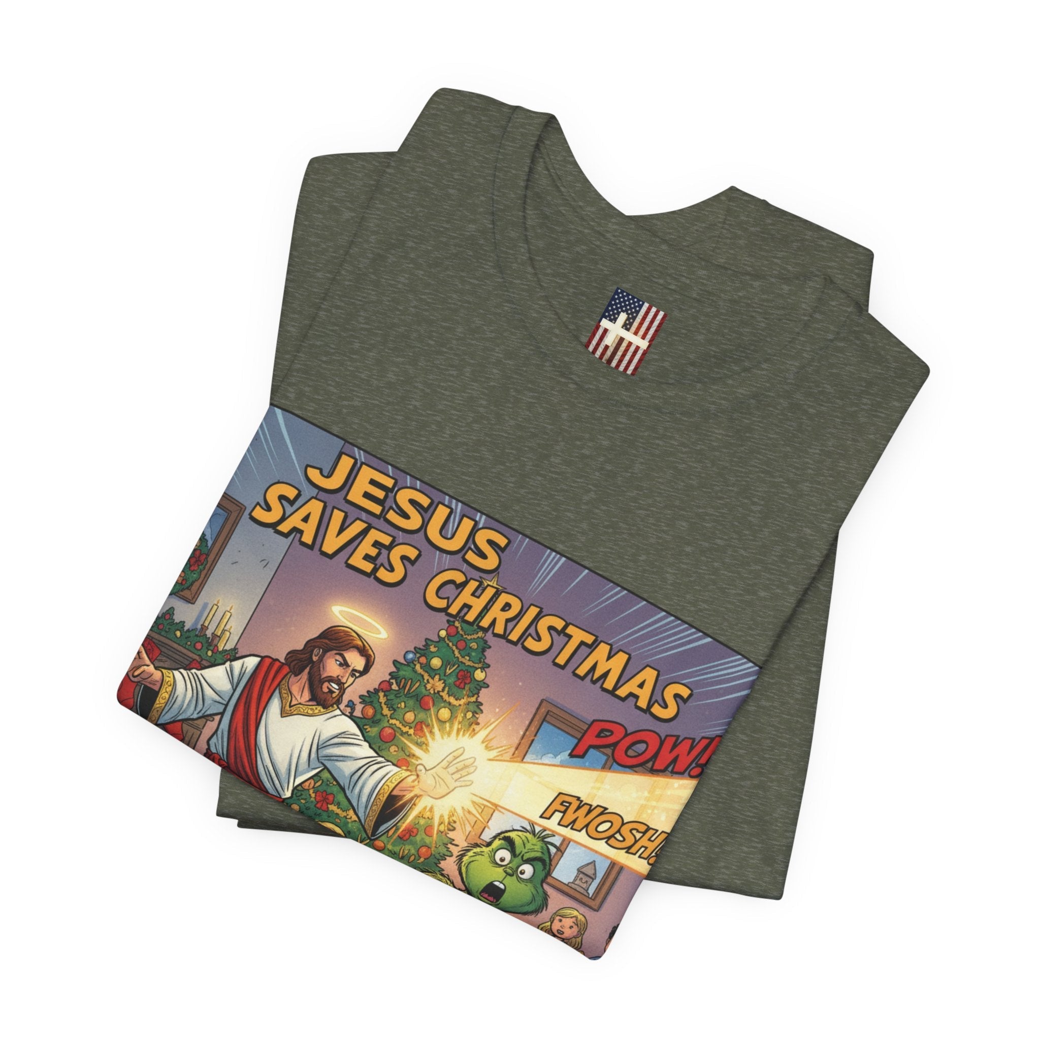 Jesus Saves Christmas T-shirt – Grinch vs Savior Light Battle Christian T-shirt for Hilarious Holiday Faith & True Joy Printify