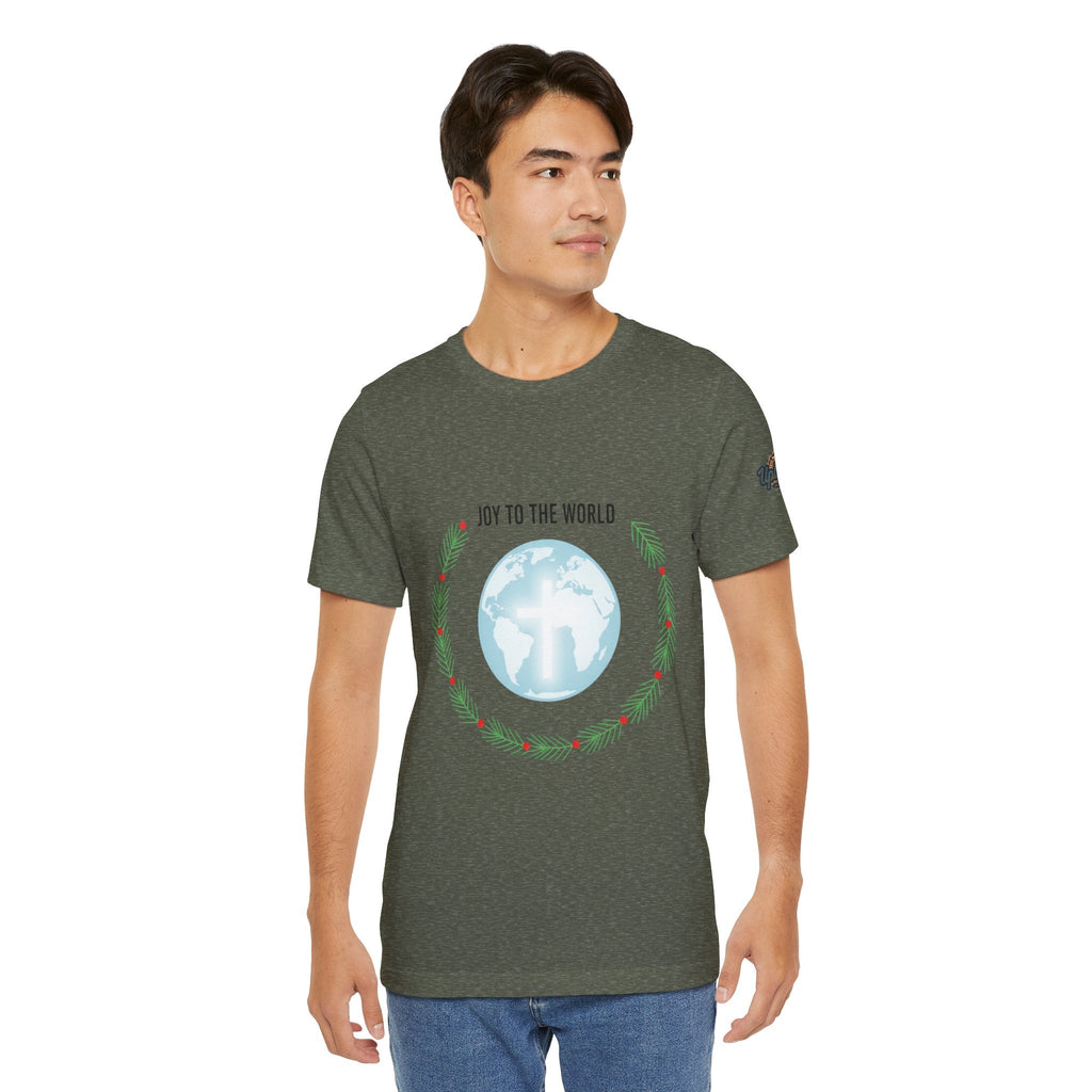 Joy to the World T-shirt – Wreath Earth Nativity Christian Christmas T-shirt for Isaiah 9:6 Holiday Faith & Festive Joy Printify