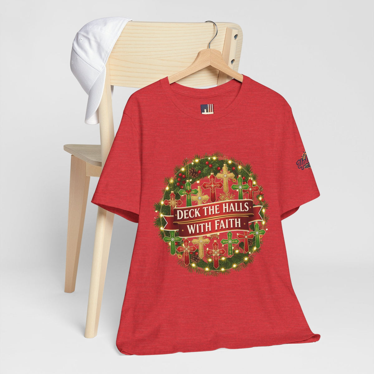 🎄 Deck the Halls with Faith – Christian Christmas T-Shirt | Cross Ornament Design & Festive Garland | Bold Holiday Faith Tee by Uplifted Gear Printify