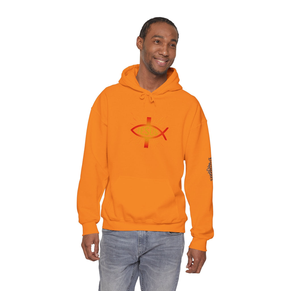 Jesus Ichthys Hoodie – Christian Fish Symbol with Cross & Jesus Inscription Sweatshirt for Eternal Faith & Streetwear Printify