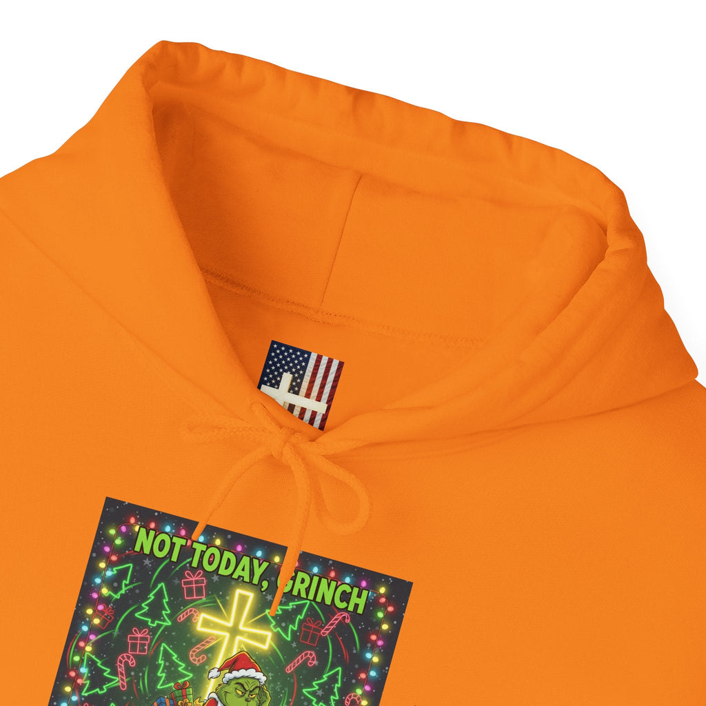 🎄 Not Today, Grinch – Jesus Saves | Funny Christian Christmas Hoodie | Festive Green & Red Cartoon Style | Bold Faith Holiday Tee by Uplifted Gear Printify
