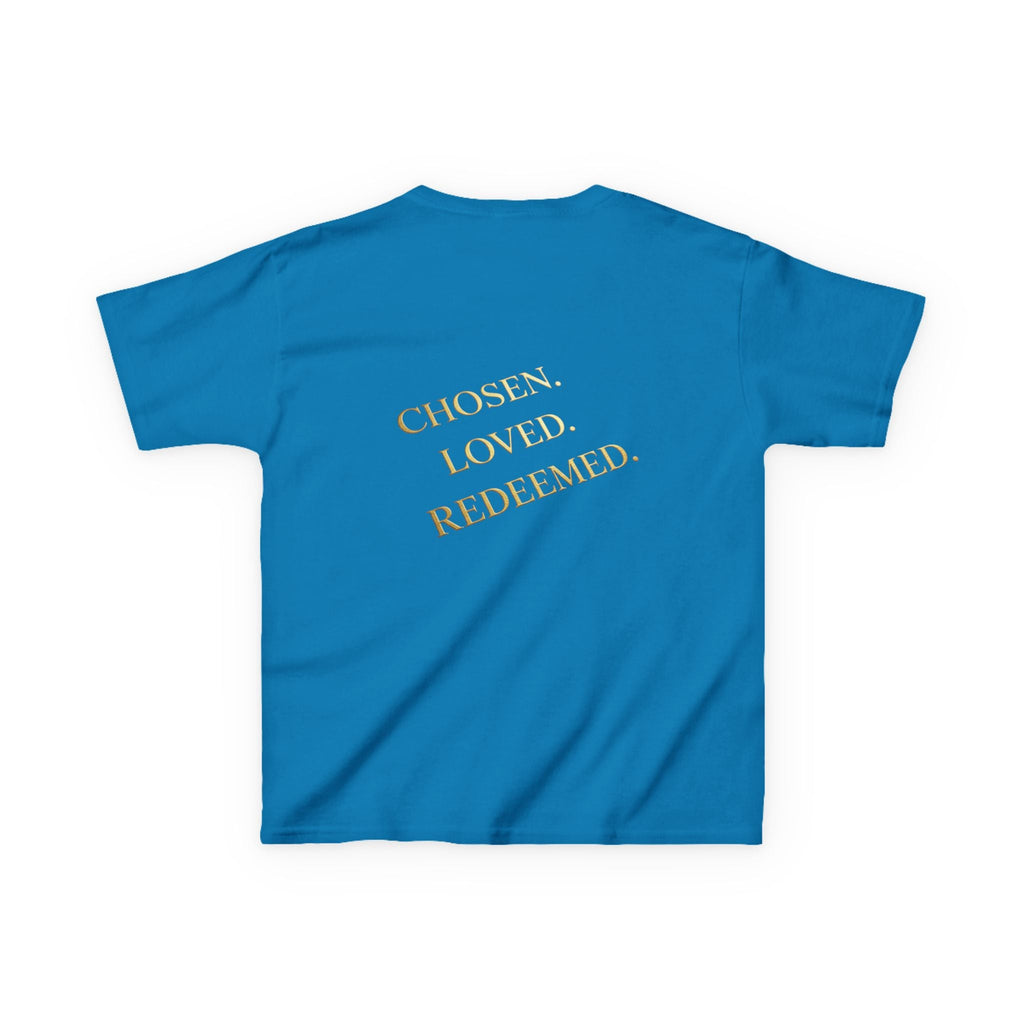 ✨ Chosen. Loved. Redeemed. – Elegant Christian Kids T-Shirt | Gold Foil Faith Tee | Subtle Cross & Heart Design | Inspirational Bible Verse Apparel by Uplifted Gear Printify