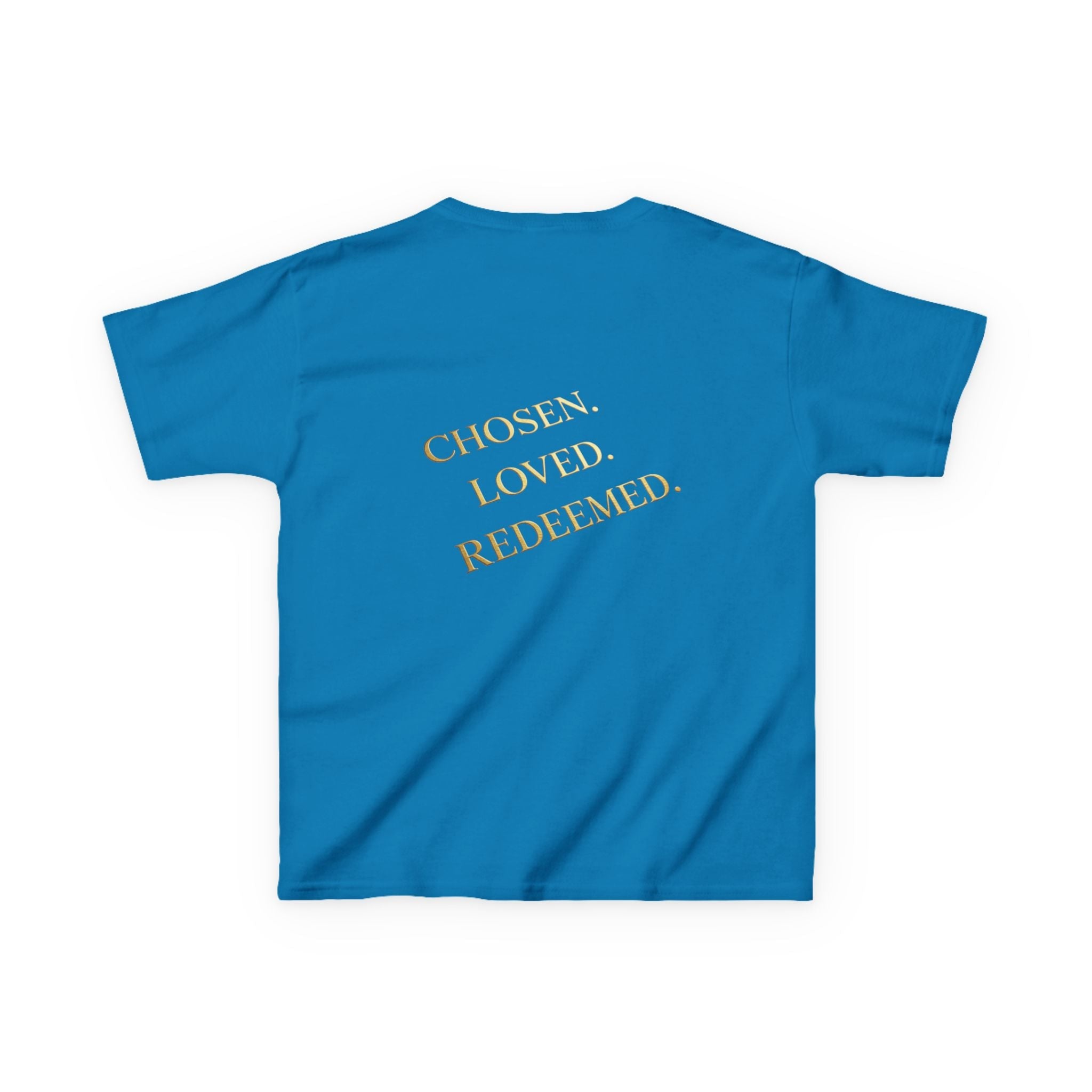 ✨ Chosen. Loved. Redeemed. – Elegant Christian Kids T-Shirt | Gold Foil Faith Tee | Subtle Cross & Heart Design | Inspirational Bible Verse Apparel by Uplifted Gear Printify