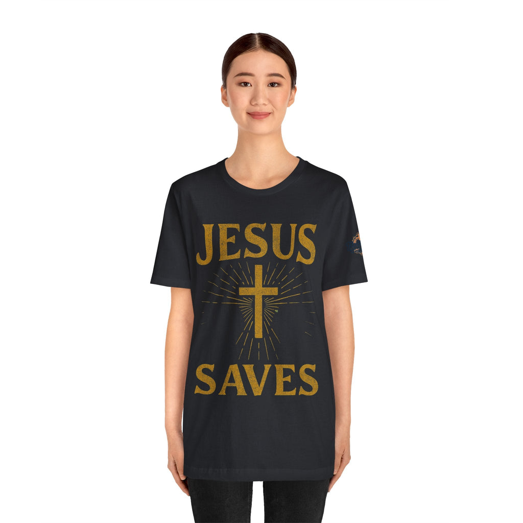 Jesus Saves T-shirt – Radiant Cross & Rays of Light Christian T-shirt for Eternal Hope & Faith Printify
