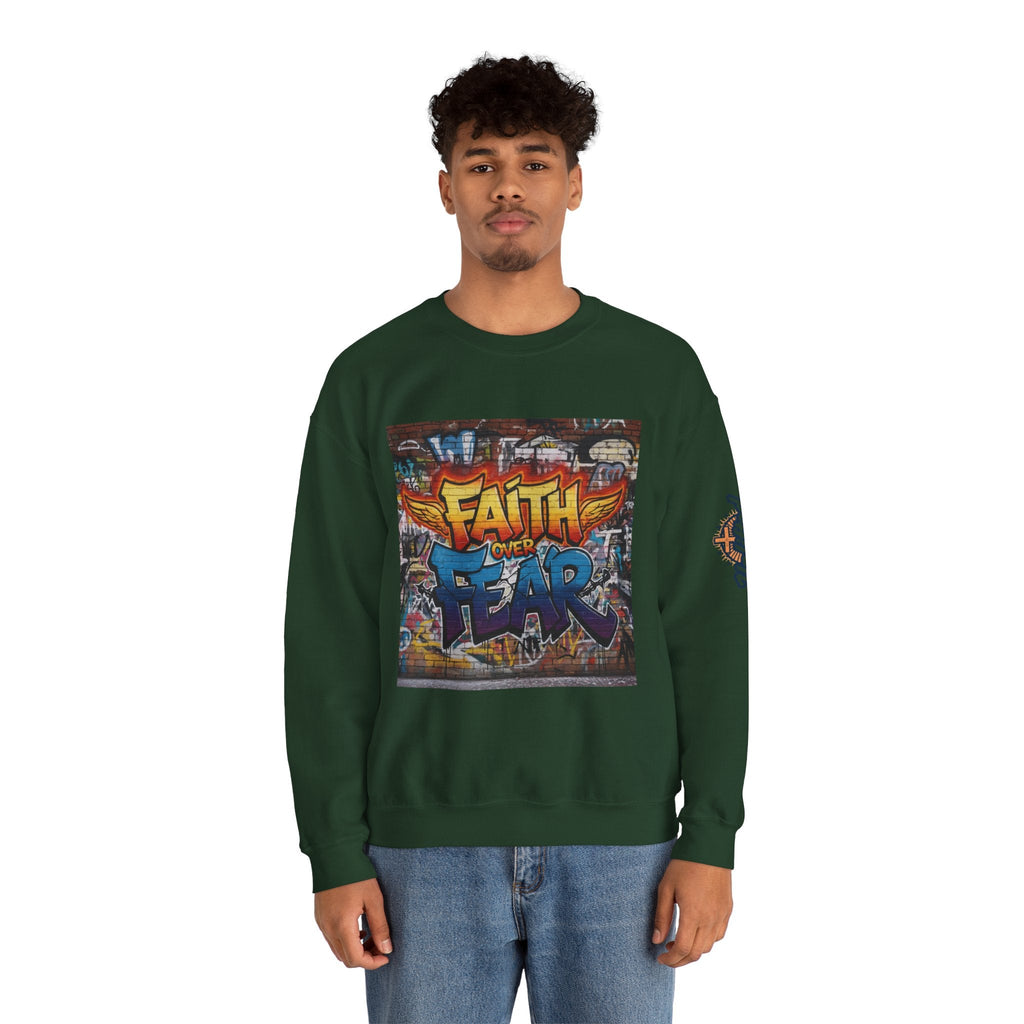 Faith Over Fear Sweatshirt – Graffiti Wall Christian Sweatshirt for Bold 2 Corinthians 5:7 Streetwear & Unshakable Faith Printify