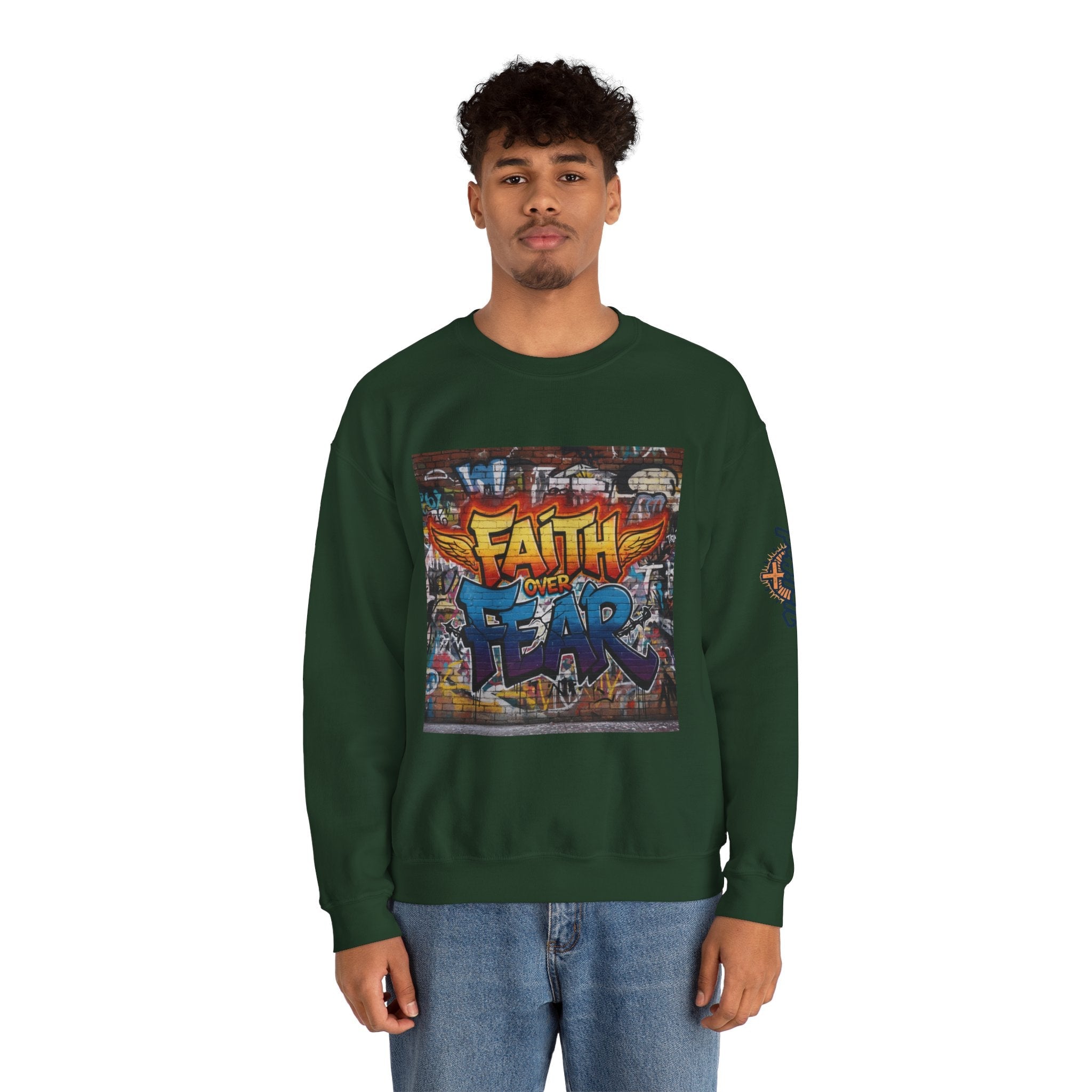 Faith Over Fear Sweatshirt – Graffiti Wall Christian Sweatshirt for Bold 2 Corinthians 5:7 Streetwear & Unshakable Faith Printify