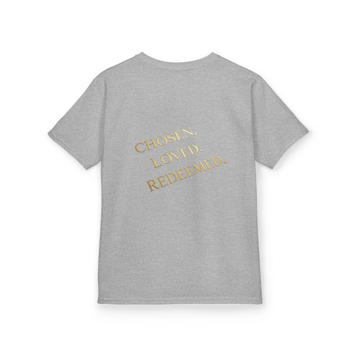 ✨ Chosen. Loved. Redeemed. – Elegant Christian Kids T-Shirt | Gold Foil Faith Tee | Subtle Cross & Heart Design | Inspirational Bible Verse Apparel by Uplifted Gear Printify