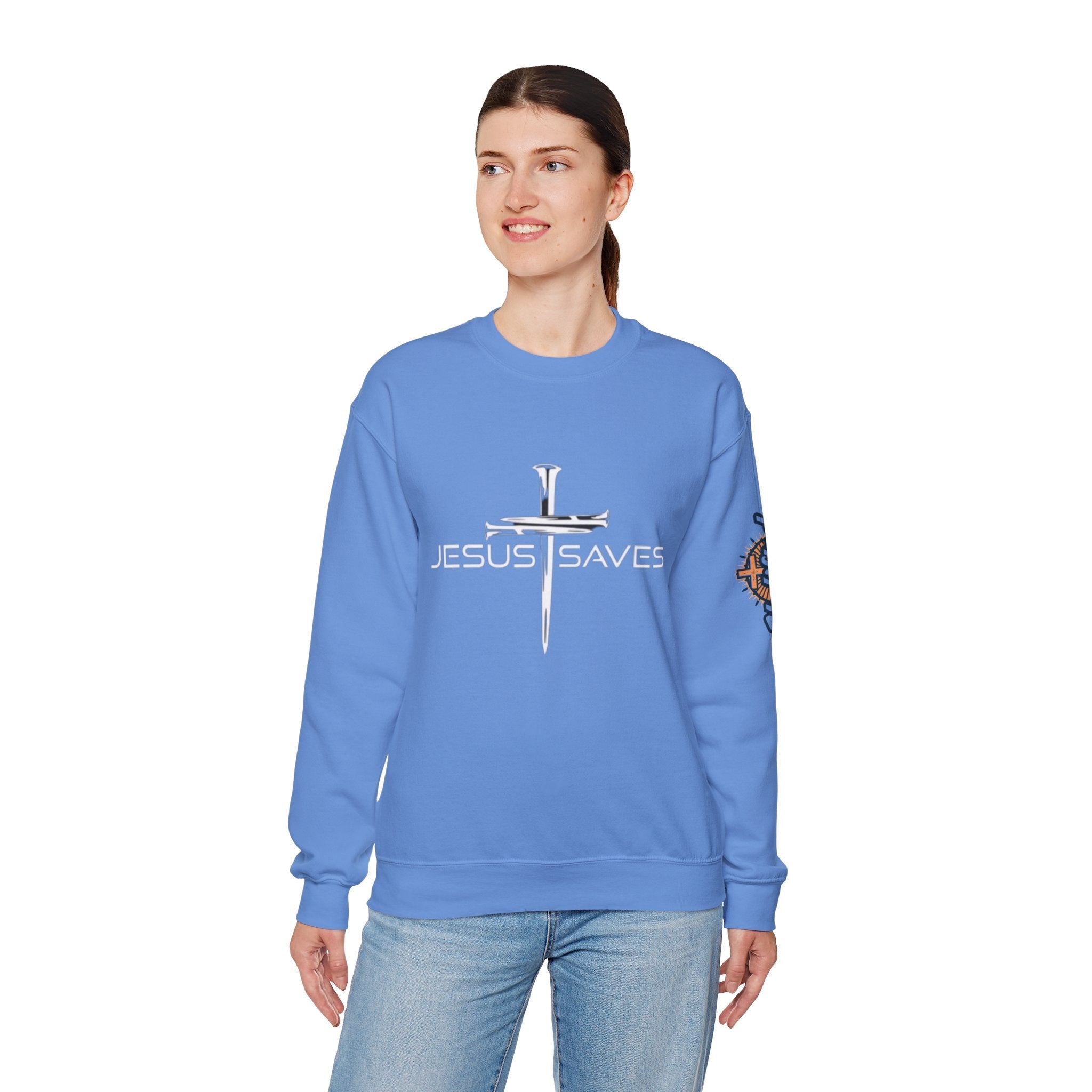 Jesus Saves Sweatshirt – 3 Nails Crucifix Cross Christian Sweatshirt for Redemption Faith & Bold Salvation Printify