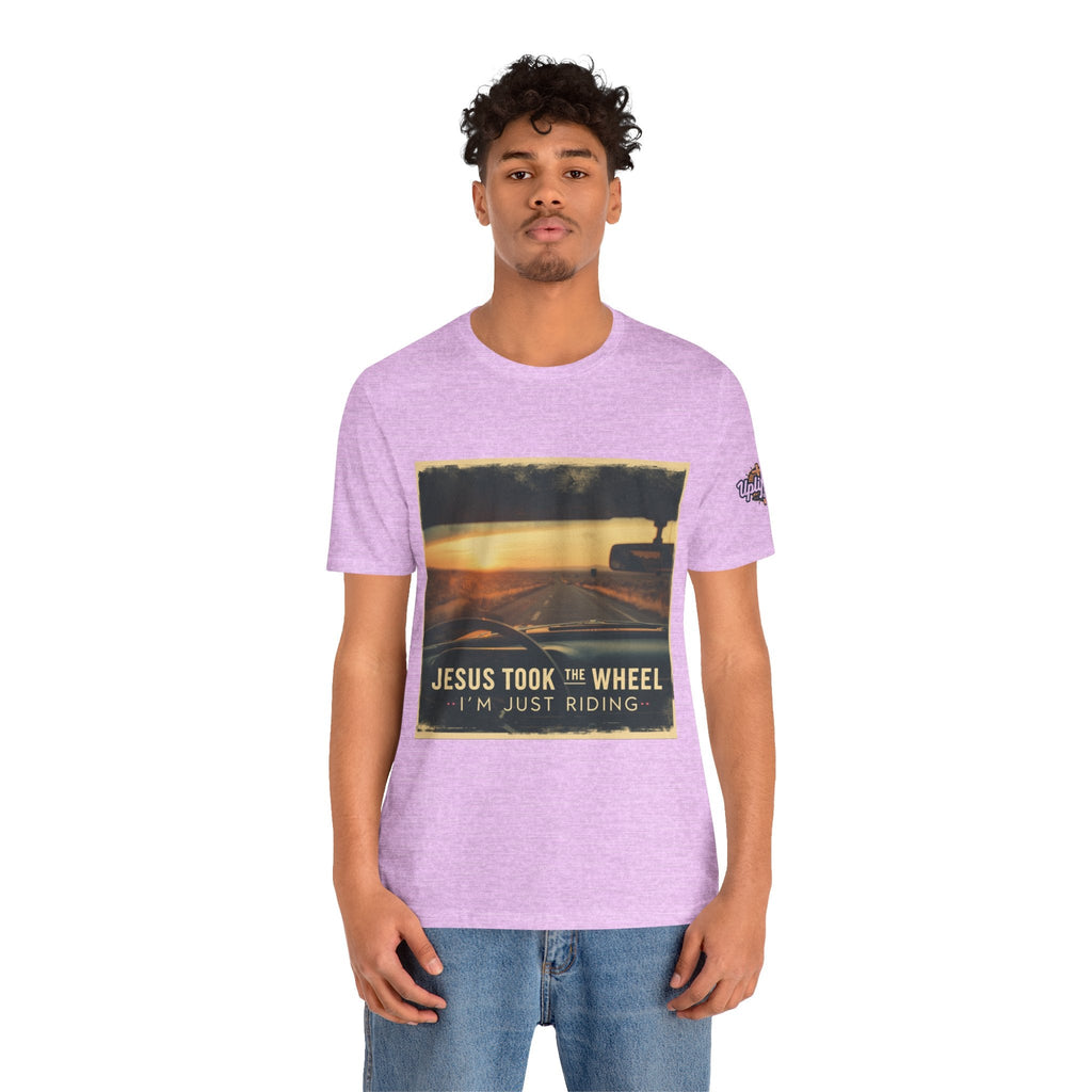 Jesus Took the Wheel I'm Just Riding T-shirt – Funny Christian Convertible Car T-shirt for Surrendered Faith & Humor Printify