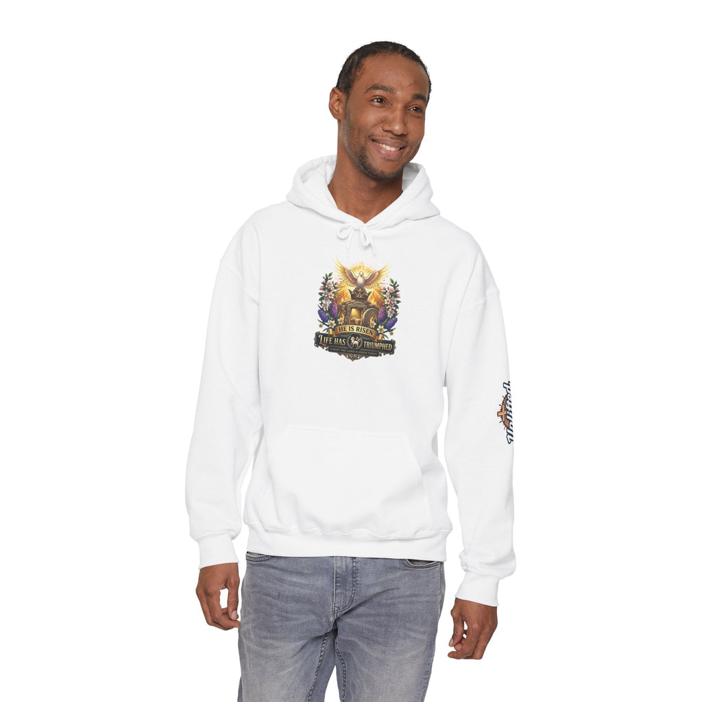 He Is Risen "Life Has Triumphed" Hoodie — Easter Resurrection Christian Hoodie Printify