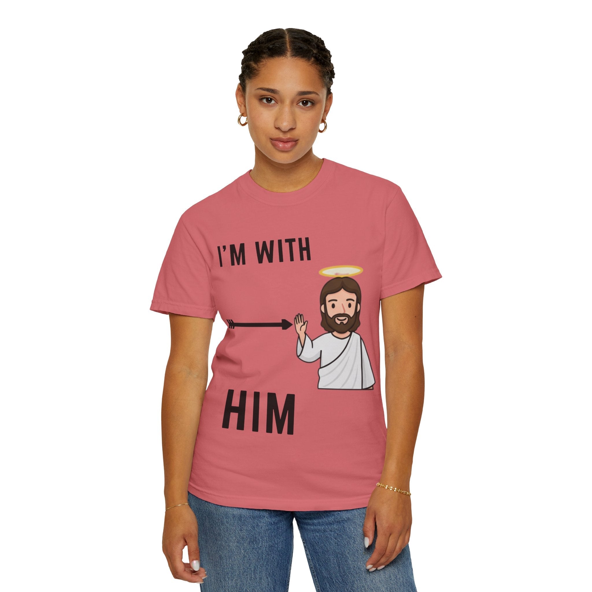 🔥 I’m With Him → Christian T-Shirt | Arrow Pointing to Jesus | Minimalist Faith Tee | Subtle Cross Design | Bible-Inspired Apparel by Uplifted Gear Printify