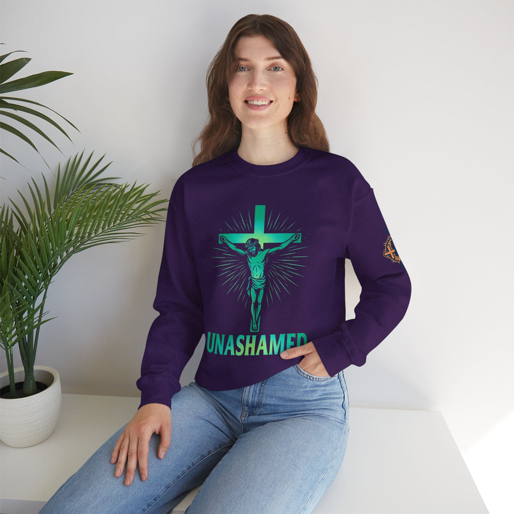 Unashamed Sweatshirt – Romans 1:16 Crucifixion Christian Sweatshirt for Bold Unwavering Faith Printify