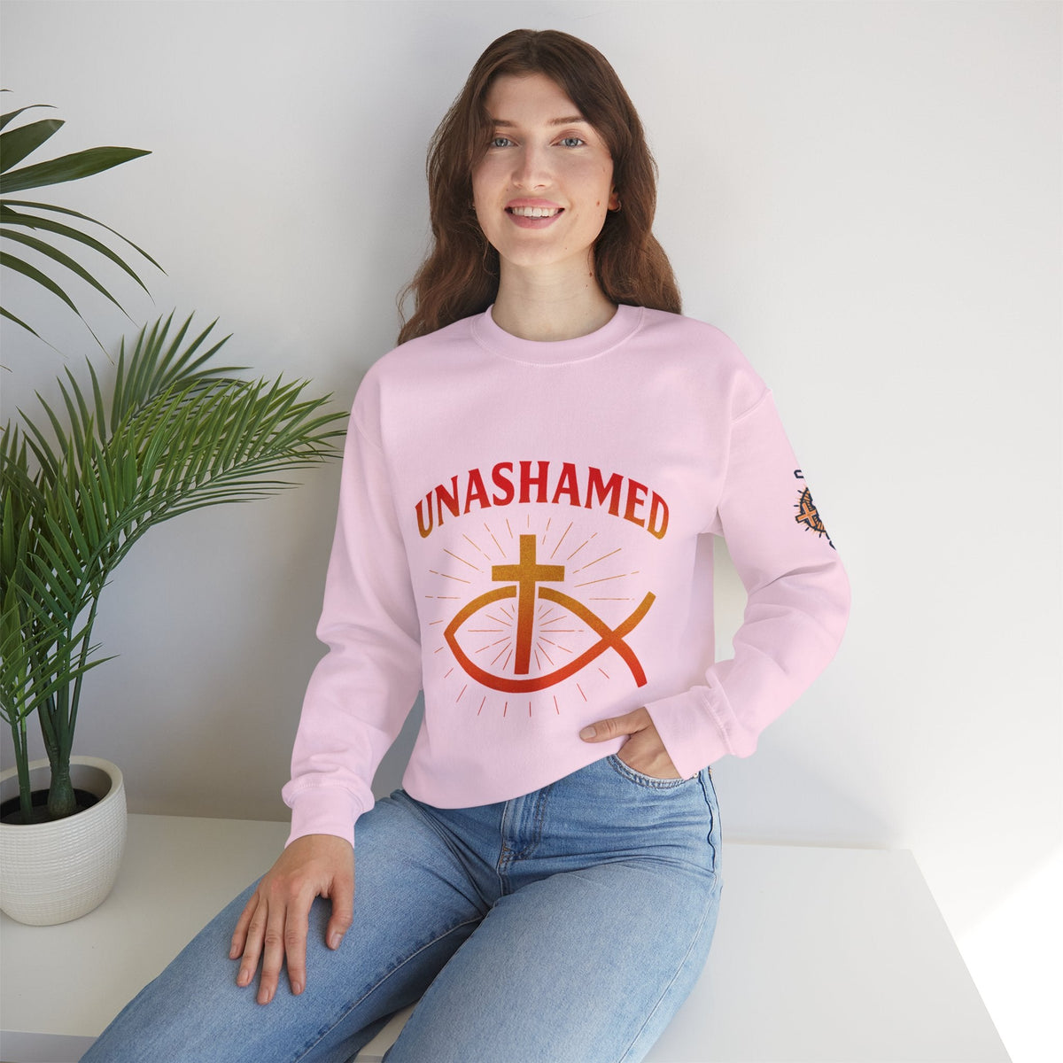Unashamed Sweatshirt – Ichthys Jesus Fish & Cross Christian Sweatshirt for Romans 1:16 Bold Faith Printify