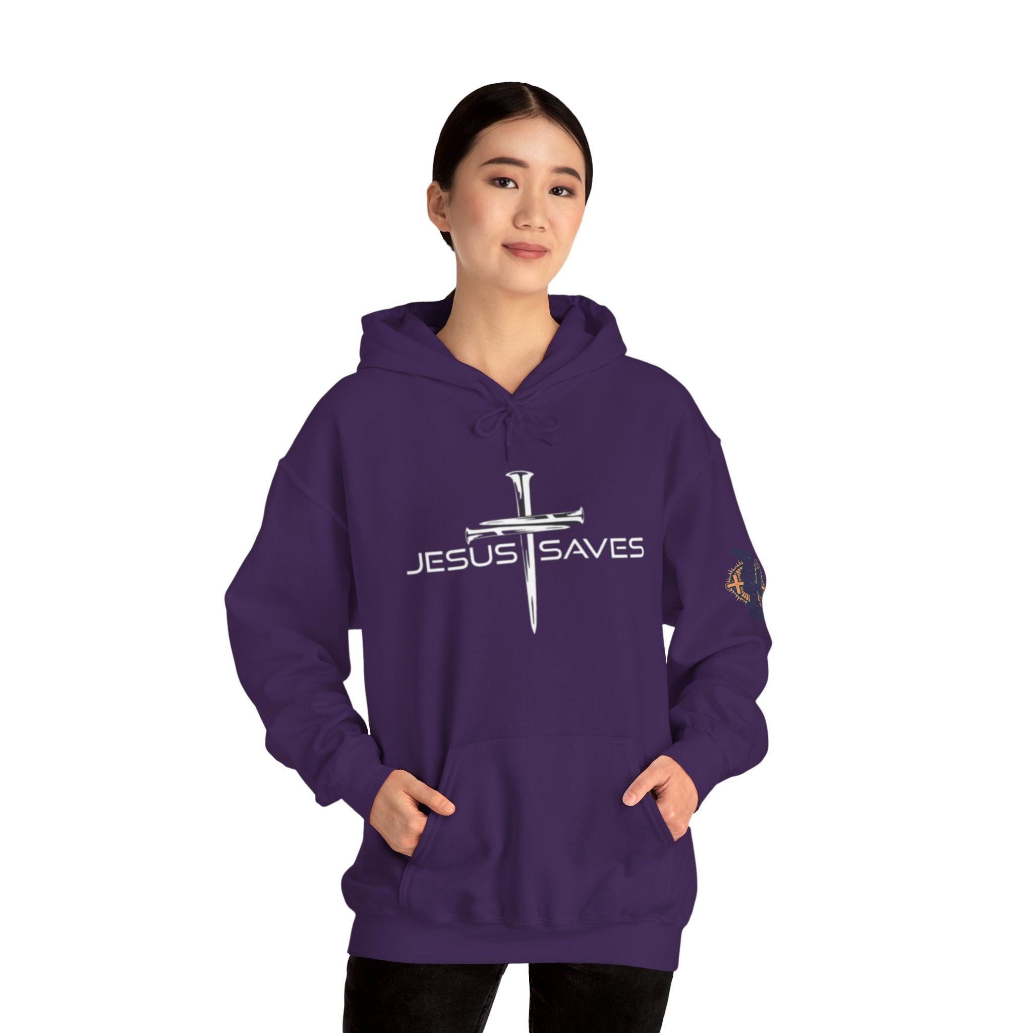 Jesus Saves Hoodie – 3 Nails Crucifix Cross Christian Sweatshirt for Redemption Faith & Bold Salvation Printify