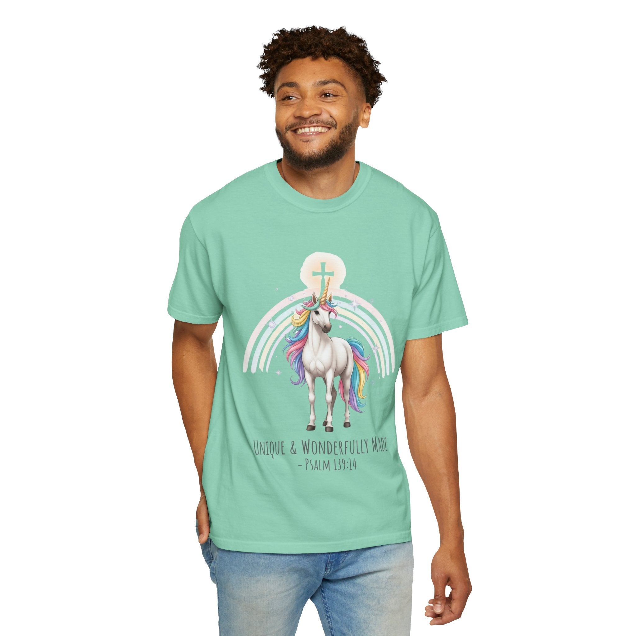 Unique Unicorn Christian T-Shirt – Wonderfully Made with Rainbow Cross & Psalm 139:14 Printify
