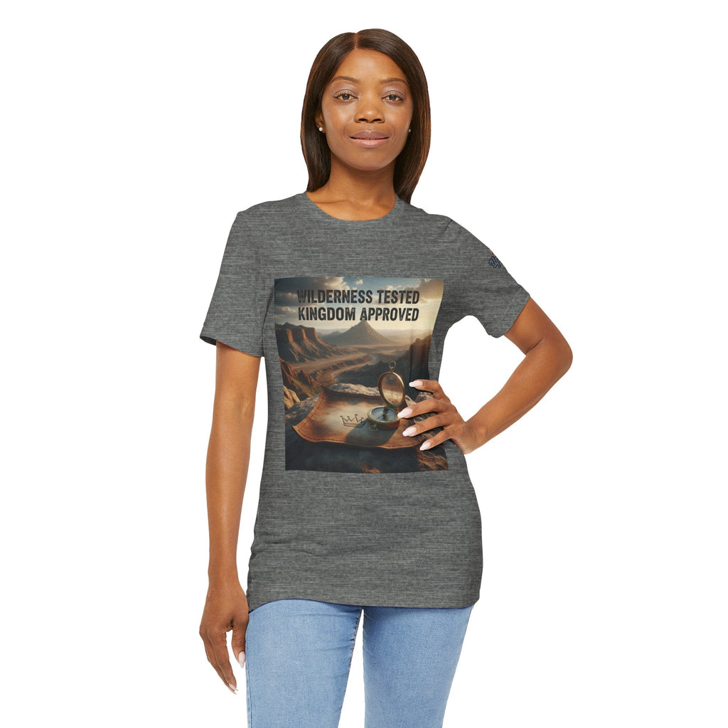 Wilderness Tested Kingdom Approved T-shirt – Mountain Desert Compass Crown Christian T-shirt for Biblical Adventure Faith Printify