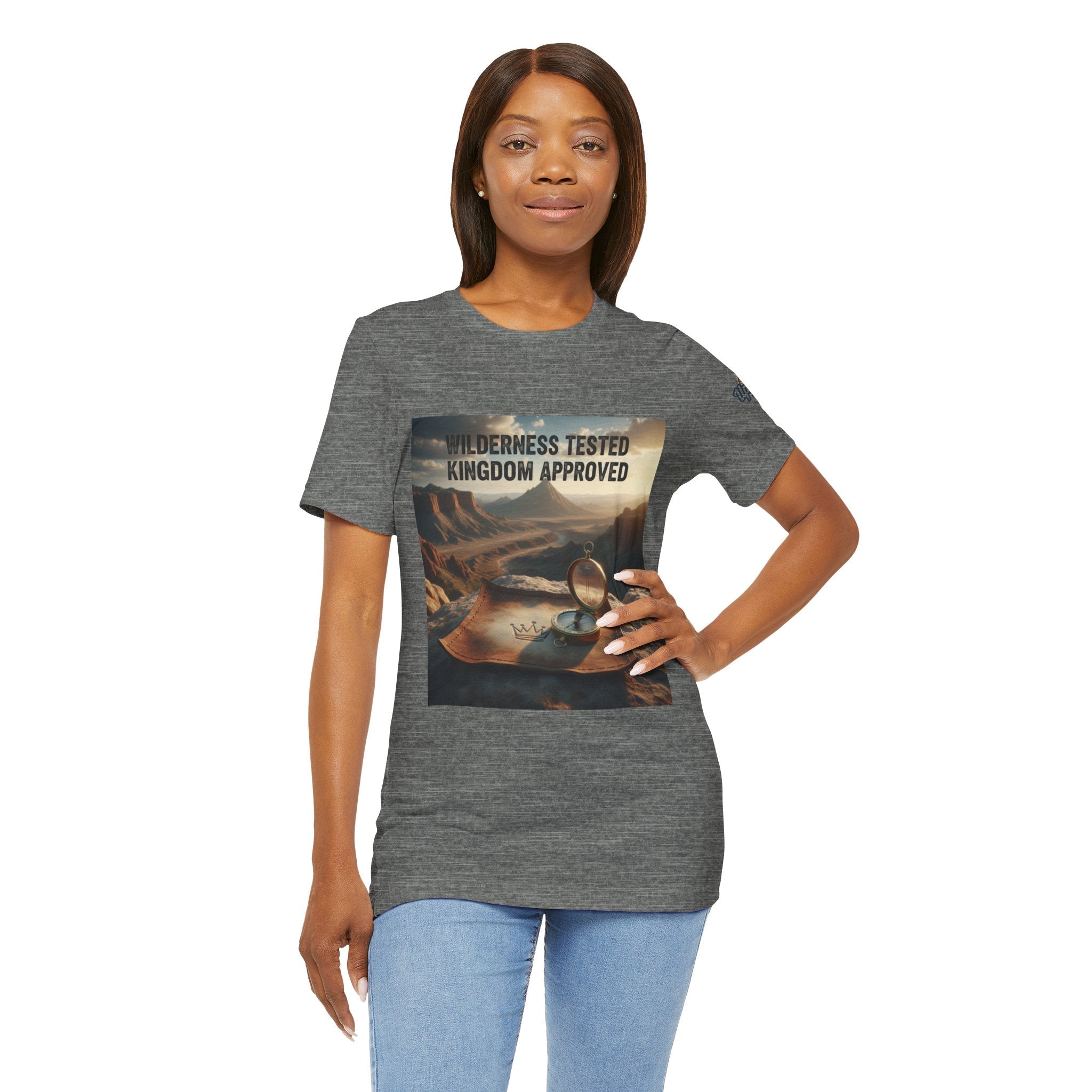 Wilderness Tested Kingdom Approved T-shirt – Mountain Desert Compass Crown Christian T-shirt for Biblical Adventure Faith Printify