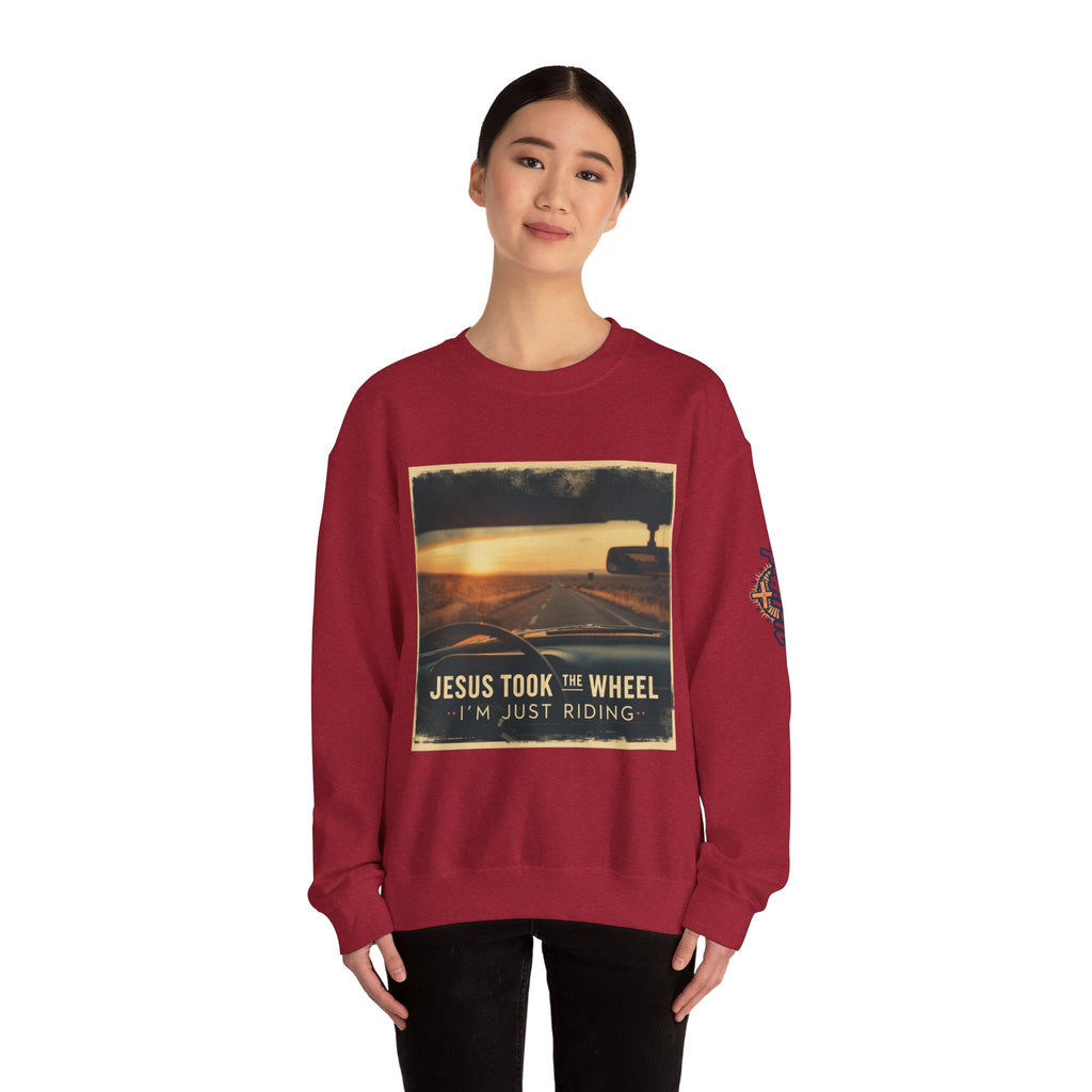 Jesus Took the Wheel I'm Just Riding Sweatshirt – Funny Christian Convertible Car Sweatshirt for Surrendered Faith & Humor