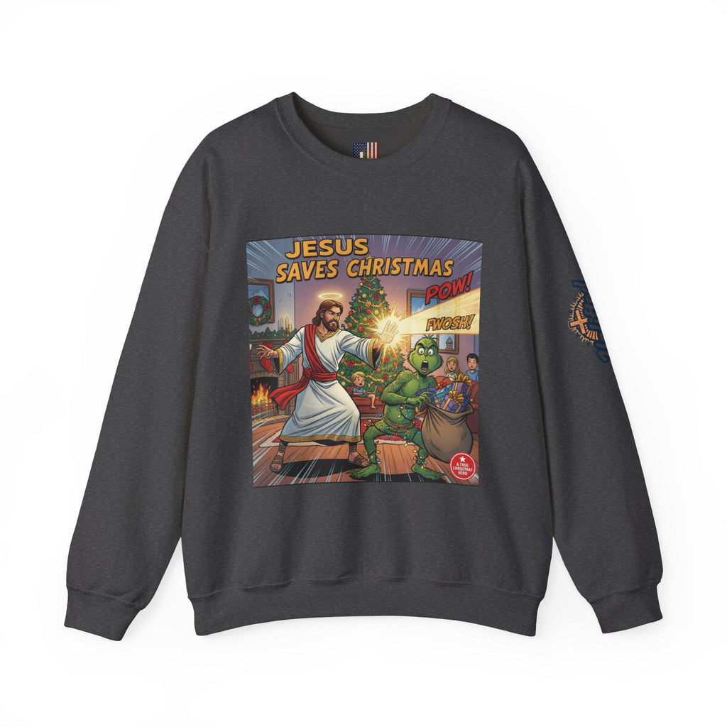 Jesus Saves Christmas Sweatshirt – Grinch vs Savior Light Battle Christian Sweatshirt for Hilarious Holiday Faith & True Joy Printify