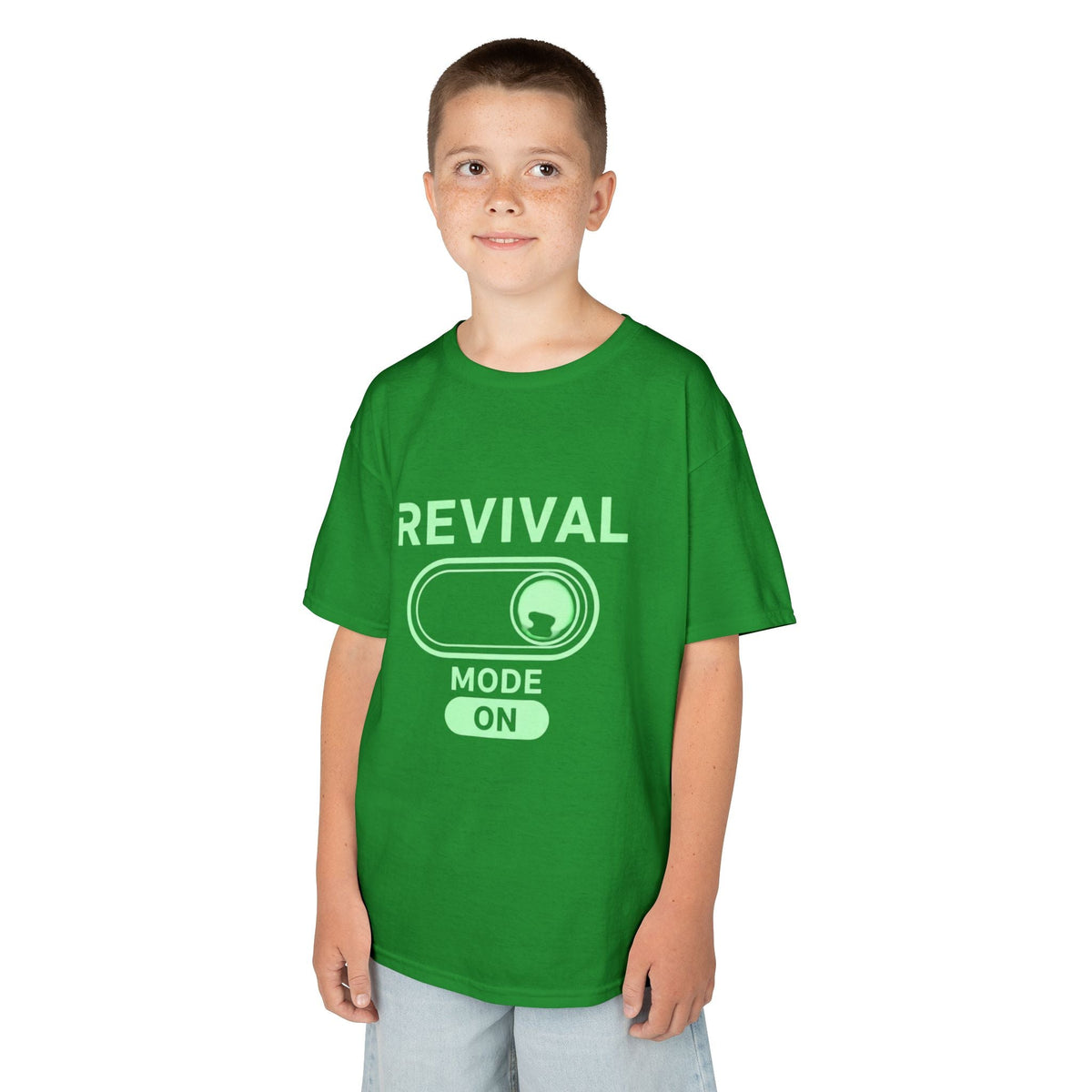 🔥 Revival Mode: ON – Christian Techwear Kids T-Shirt | Glowing Green Faith Switch | Futuristic Jesus Shirt | Activate Your Spiritual Awakening | Uplifted Gear Printify