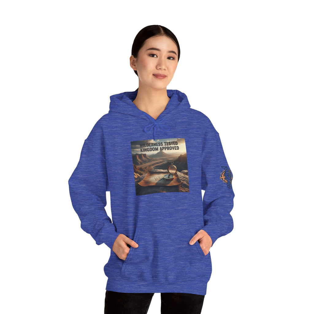 Wilderness Tested Kingdom Approved Hoodie – Mountain Desert Compass Crown Christian Sweatshirt for Biblical Adventure Faith Printify
