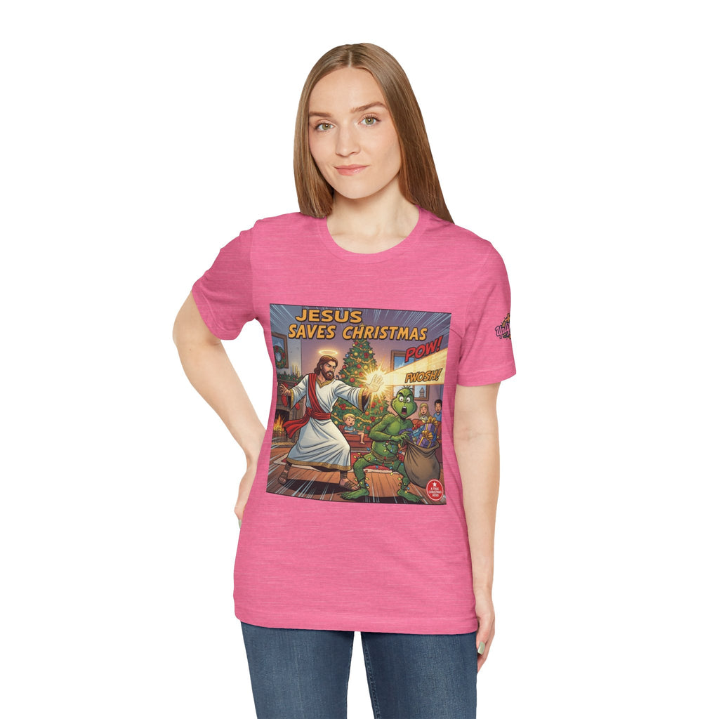 Jesus Saves Christmas T-shirt – Grinch vs Savior Light Battle Christian T-shirt for Hilarious Holiday Faith & True Joy Printify