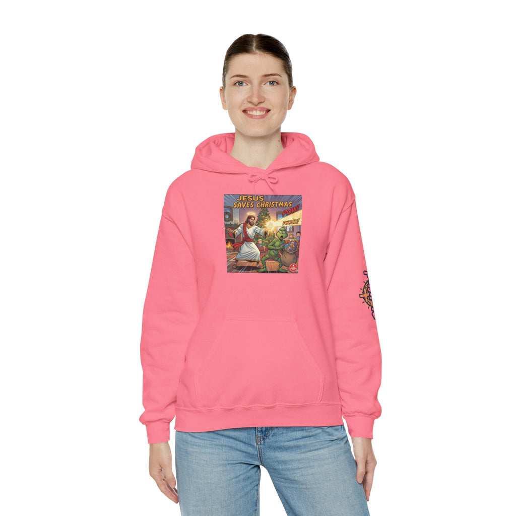 Jesus Saves Christmas Hoodie – Grinch vs Savior Light Battle Christian Sweatshirt for Hilarious Holiday Faith & True Joy Printify