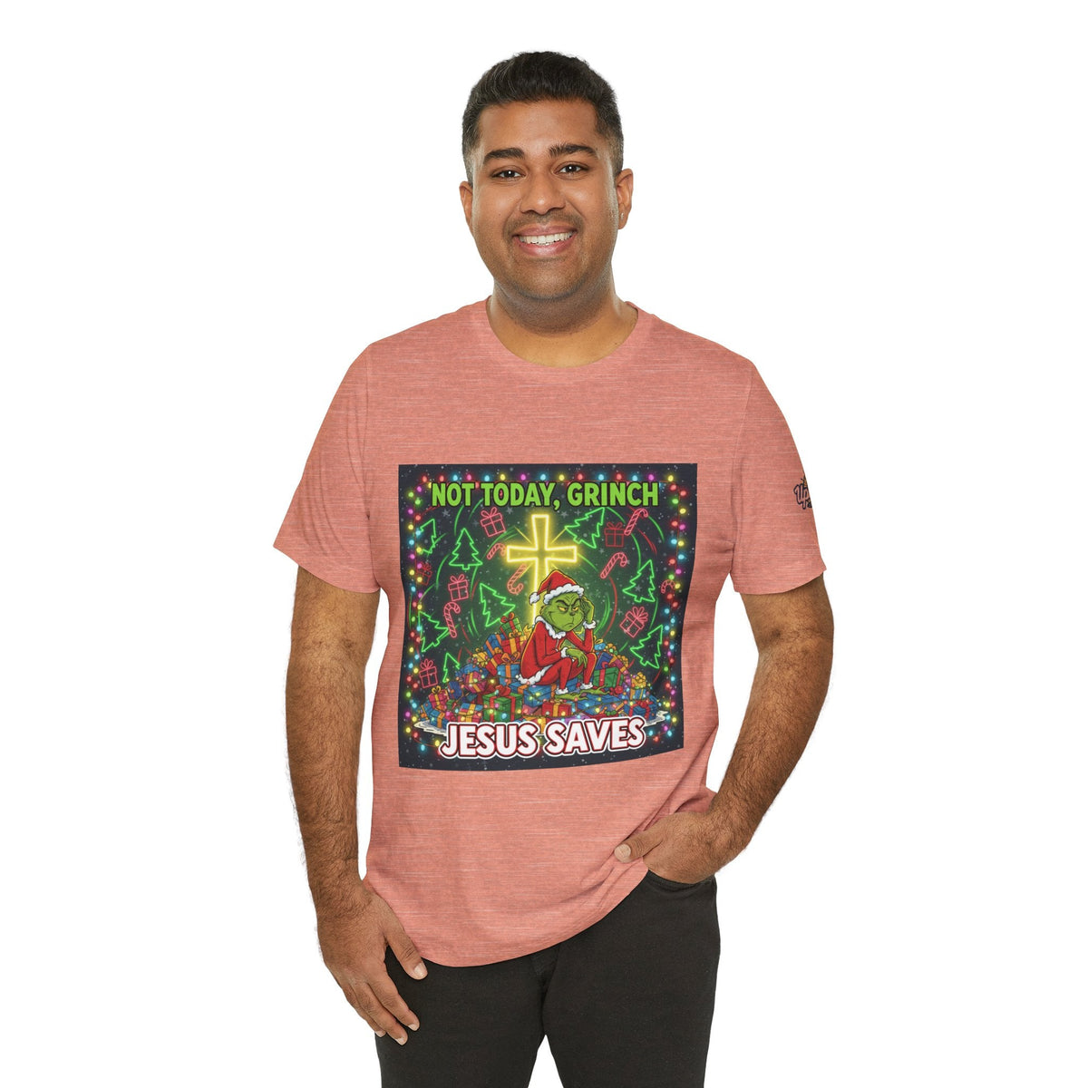 🎄 Not Today, Grinch – Jesus Saves | Funny Christian Christmas T-Shirt | Festive Green & Red Cartoon Style | Bold Faith Holiday Tee by Uplifted Gear Printify