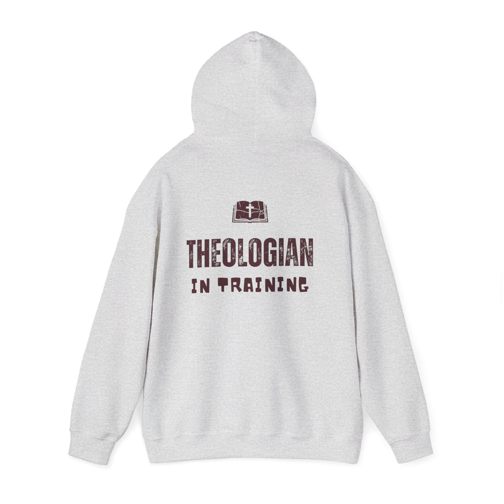 Theologian in Training Hoodie – Open Bible & Cross Christian Hoodie for Faithful Growth Printify