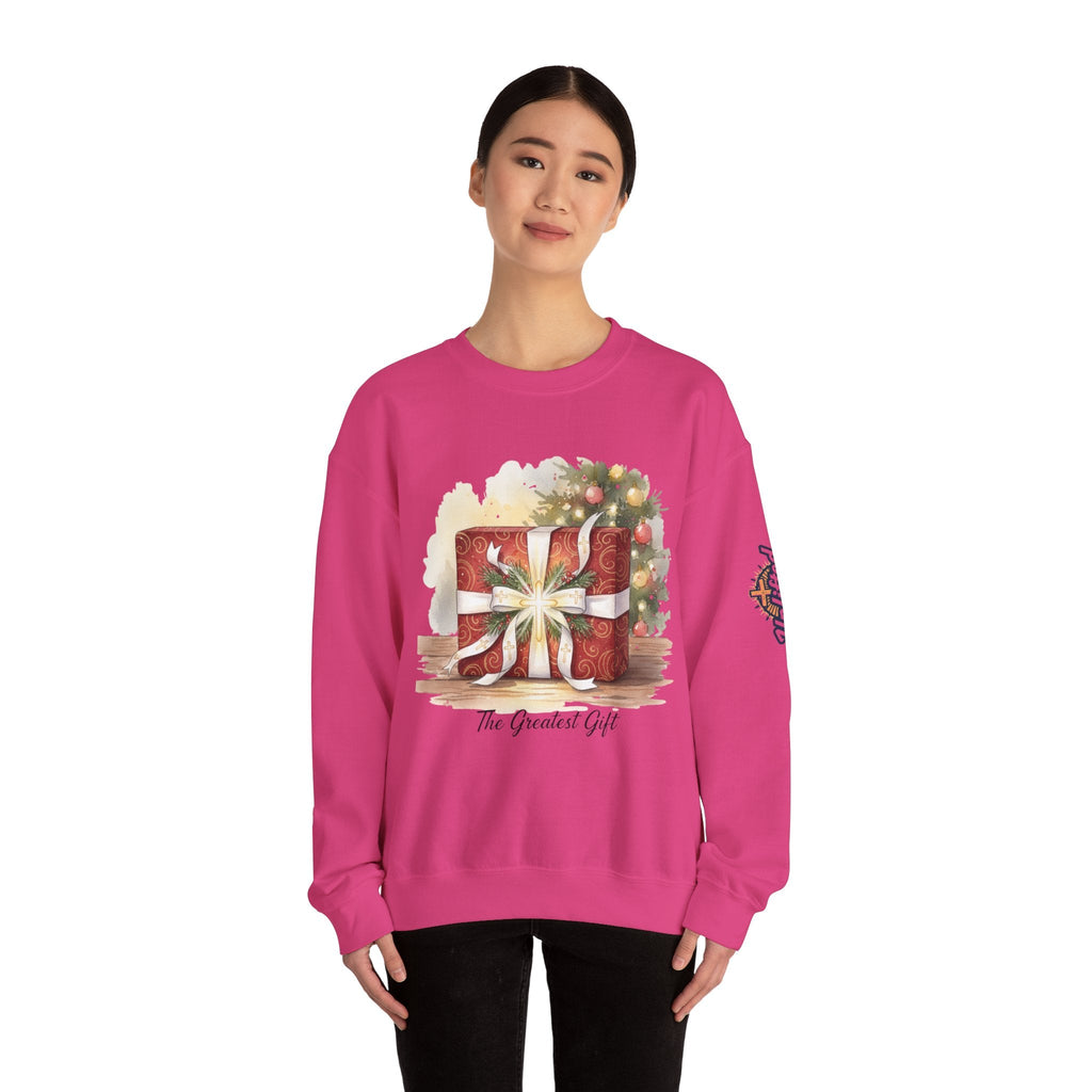The Greatest Gift Sweatshirt – Cross Bow Present Christian Sweatshirt for Christmas Salvation & Eternal Faith Printify