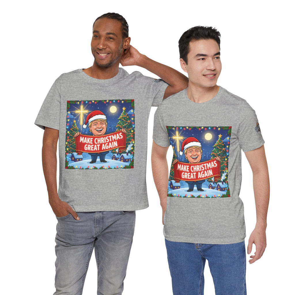 🎄 Make Christmas Great Again – Patriotic Christian Christmas T-Shirt | Bold Holiday Faith Tee | Red & White Banner Design | Uplifted Gear Printify