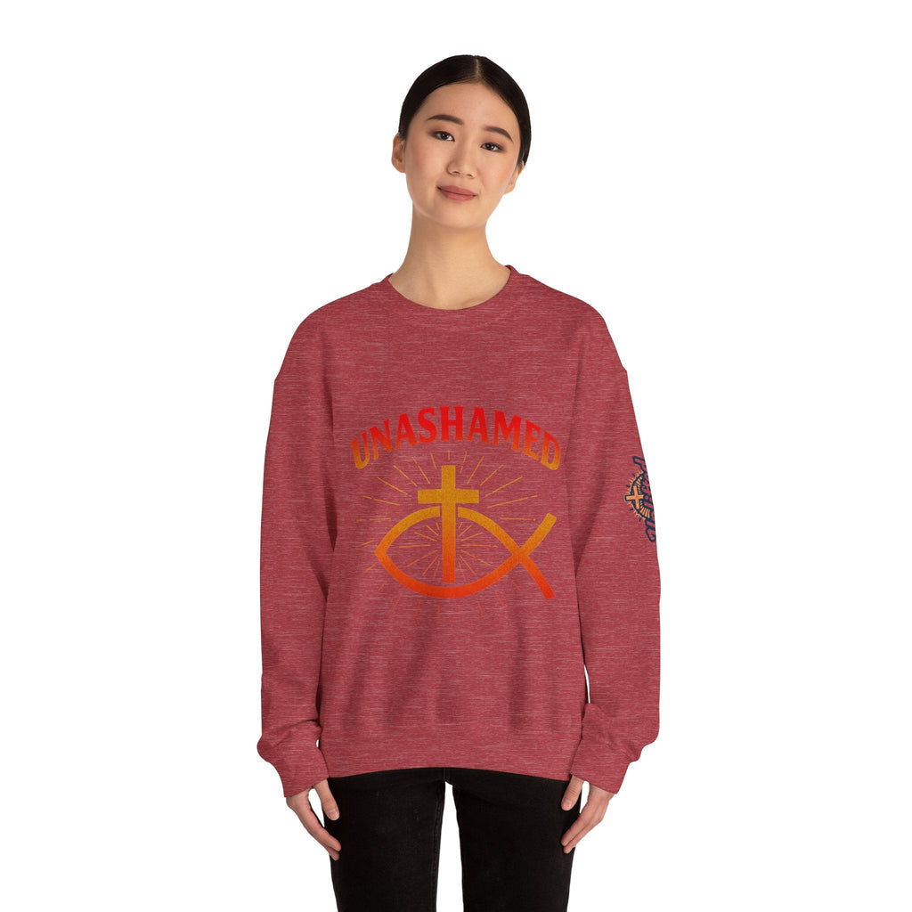 Unashamed Sweatshirt – Ichthys Jesus Fish & Cross Christian Sweatshirt for Romans 1:16 Bold Faith Printify