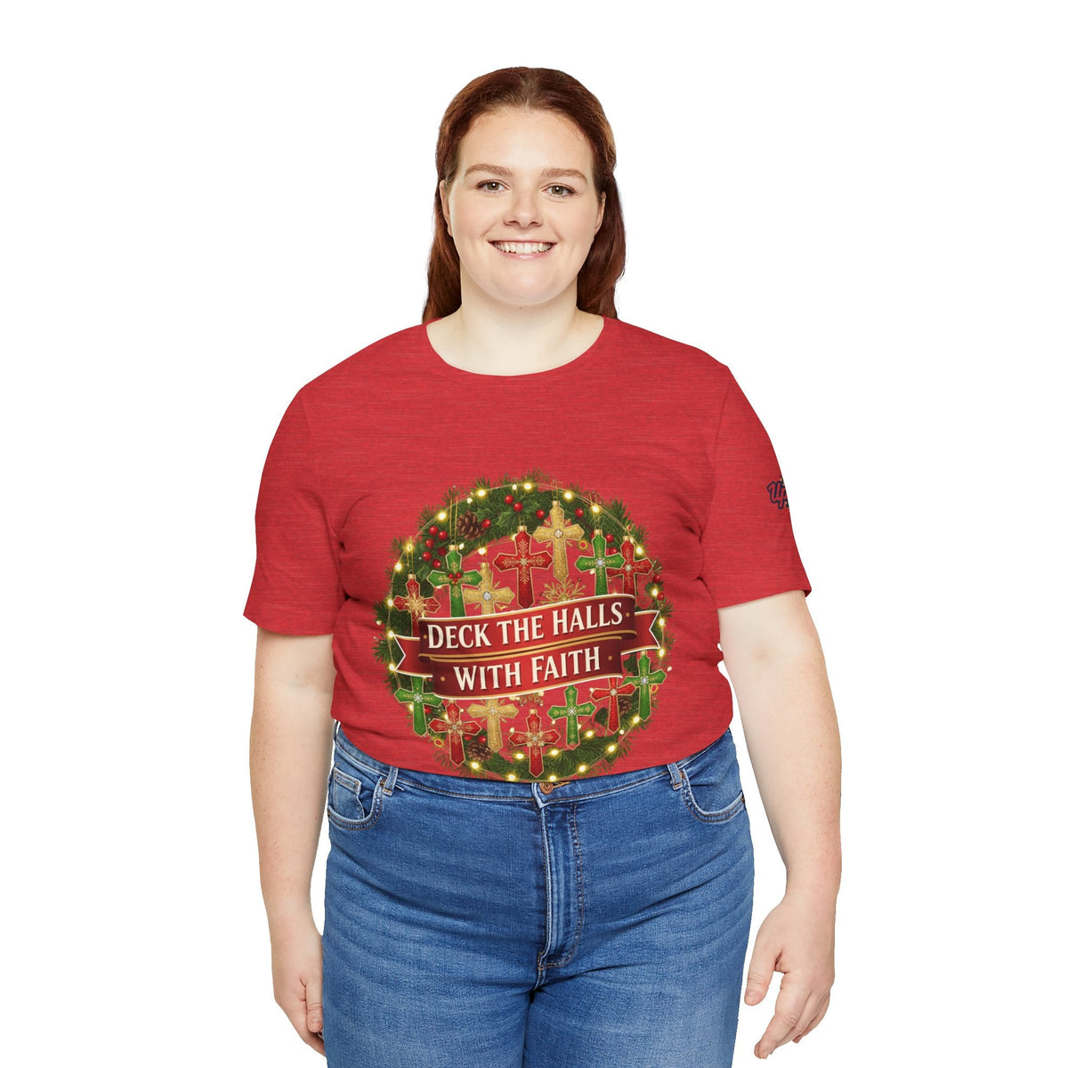 🎄 Deck the Halls with Faith – Christian Christmas T-Shirt | Cross Ornament Design & Festive Garland | Bold Holiday Faith Tee by Uplifted Gear Printify