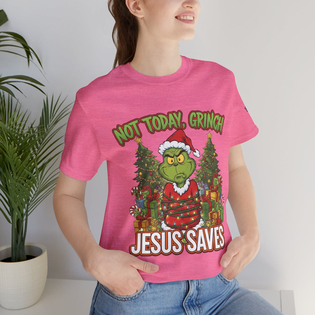🎄 Not Today, Grinch – Jesus Saves | Funny Christian Christmas T-Shirt | Sulking Grinch & Glowing Cross | Bold Neon Faith Tee by Uplifted Gear Printify