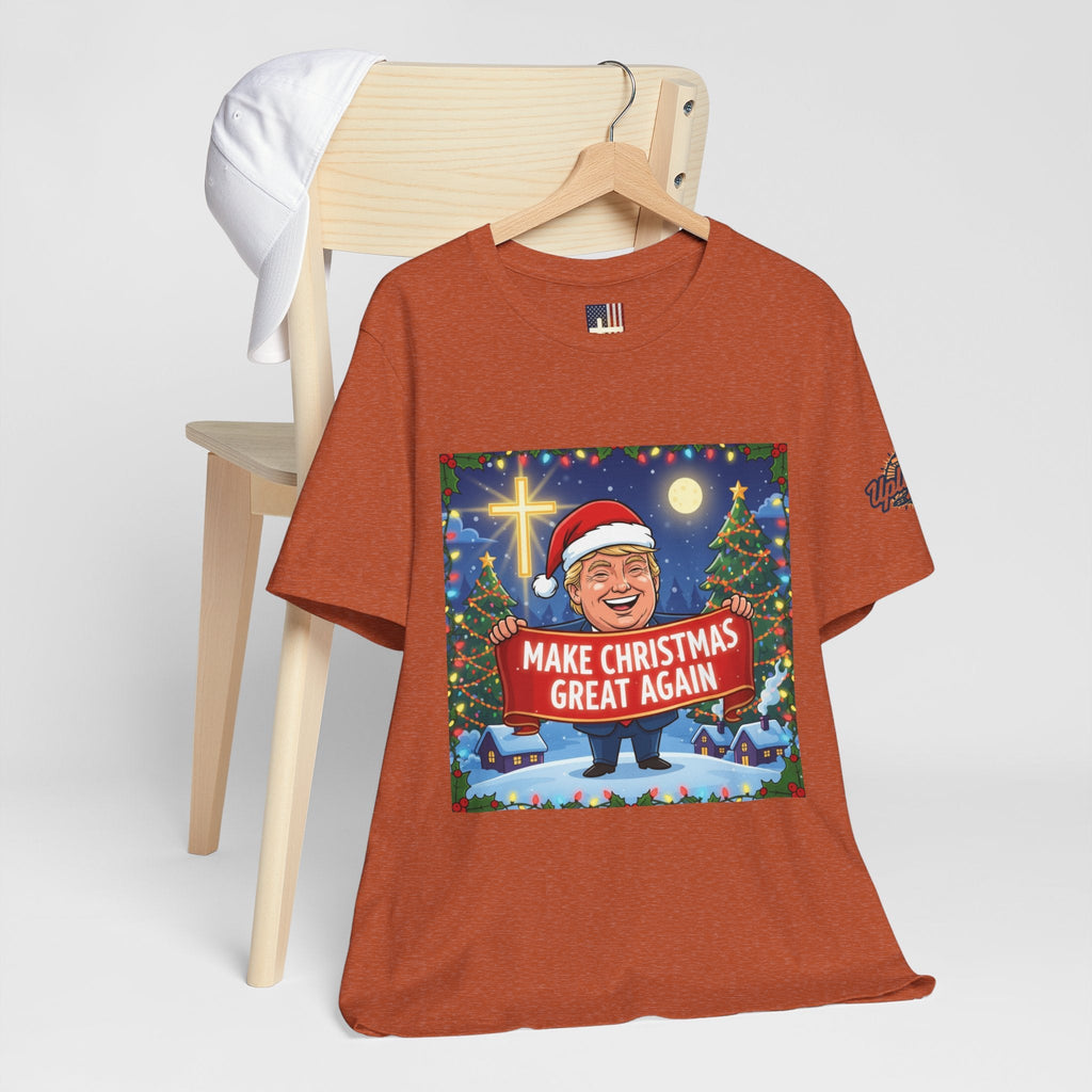 🎄 Make Christmas Great Again – Patriotic Christian Christmas T-Shirt | Bold Holiday Faith Tee | Red & White Banner Design | Uplifted Gear Printify