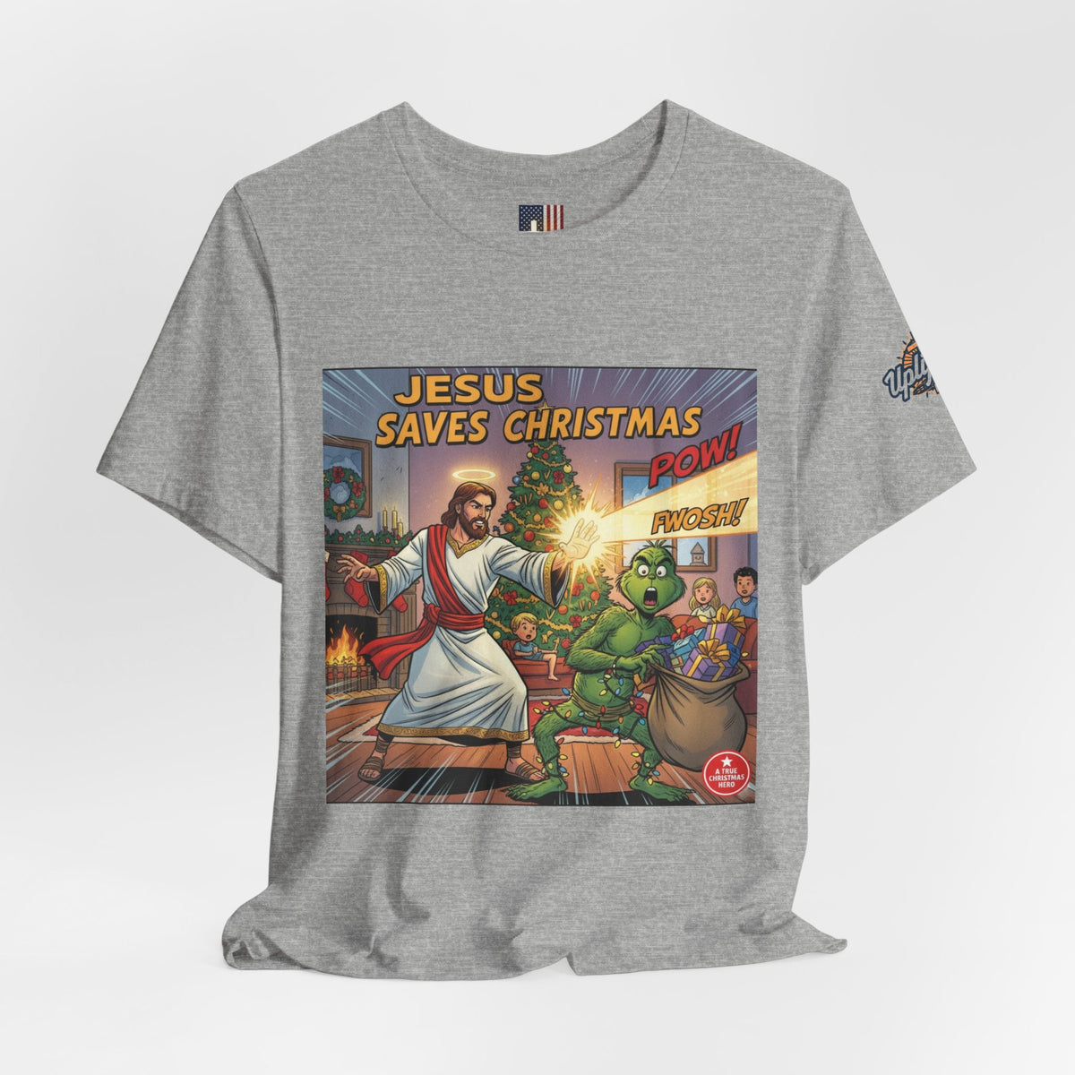 Jesus Saves Christmas T-shirt – Grinch vs Savior Light Battle Christian T-shirt for Hilarious Holiday Faith & True Joy Printify