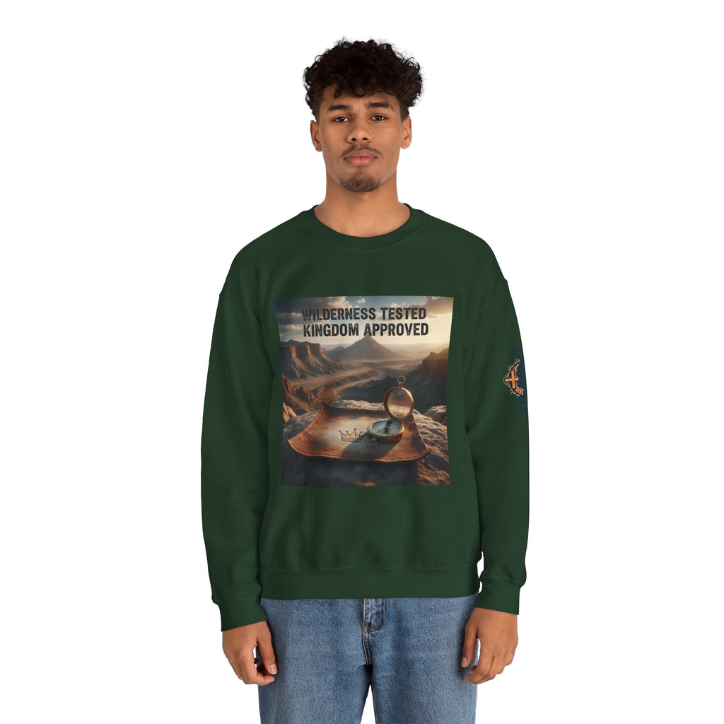 Wilderness Tested Kingdom Approved Sweatshirt – Mountain Desert Compass Crown Christian Sweatshirt for Biblical Adventure Faith Printify