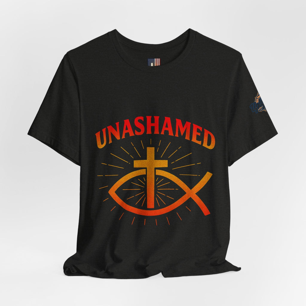 Unashamed T-shirt – Ichthys Jesus Fish & Cross Christian T-shirt for Romans 1:16 Bold Faith Printify