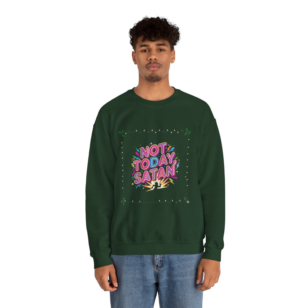 🔥 Not Today, Satan – Retro 90s Christian Sweatshirt | Neon Faith Tee | Funky Cartoon Devil | Bold Bible Verse Shirt | Uplifted Gear Printify