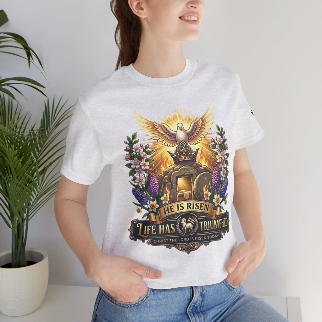 He Is Risen "Life Has Triumphed" T-Shirt — Easter Resurrection Christian Tee Printify