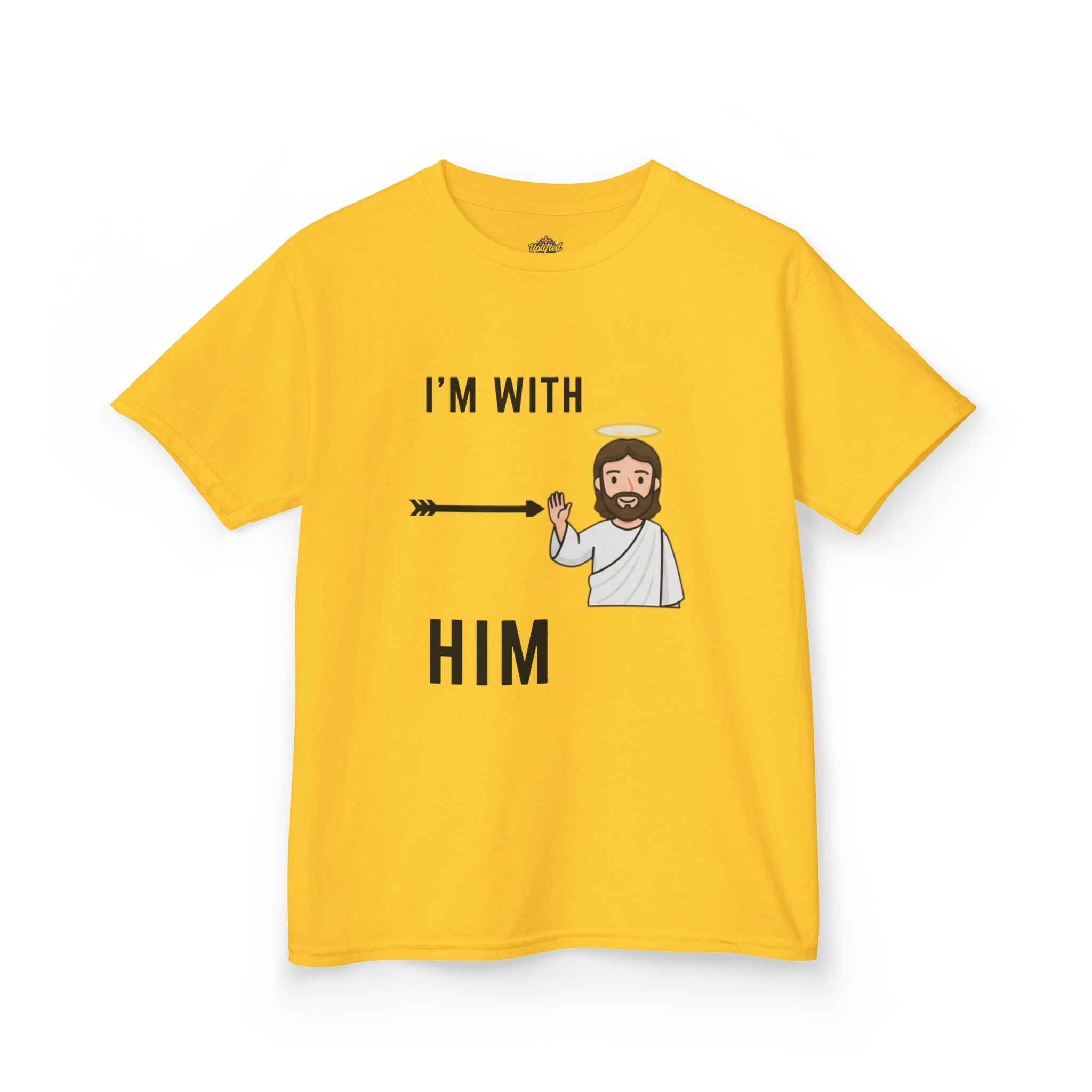 🔥 I’m With Him → Christian Kids T-Shirt | Arrow Pointing to Jesus | Minimalist Faith Tee | Subtle Cross Design | Bible-Inspired Apparel by Uplifted Gear Printify
